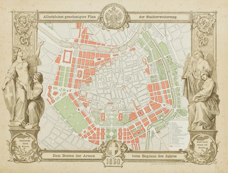 The imperially-approved 1860 plan for the expansion of Vienna, laying out the Ringstraße boulevard on the former glacis and fortification belt around the inner city.