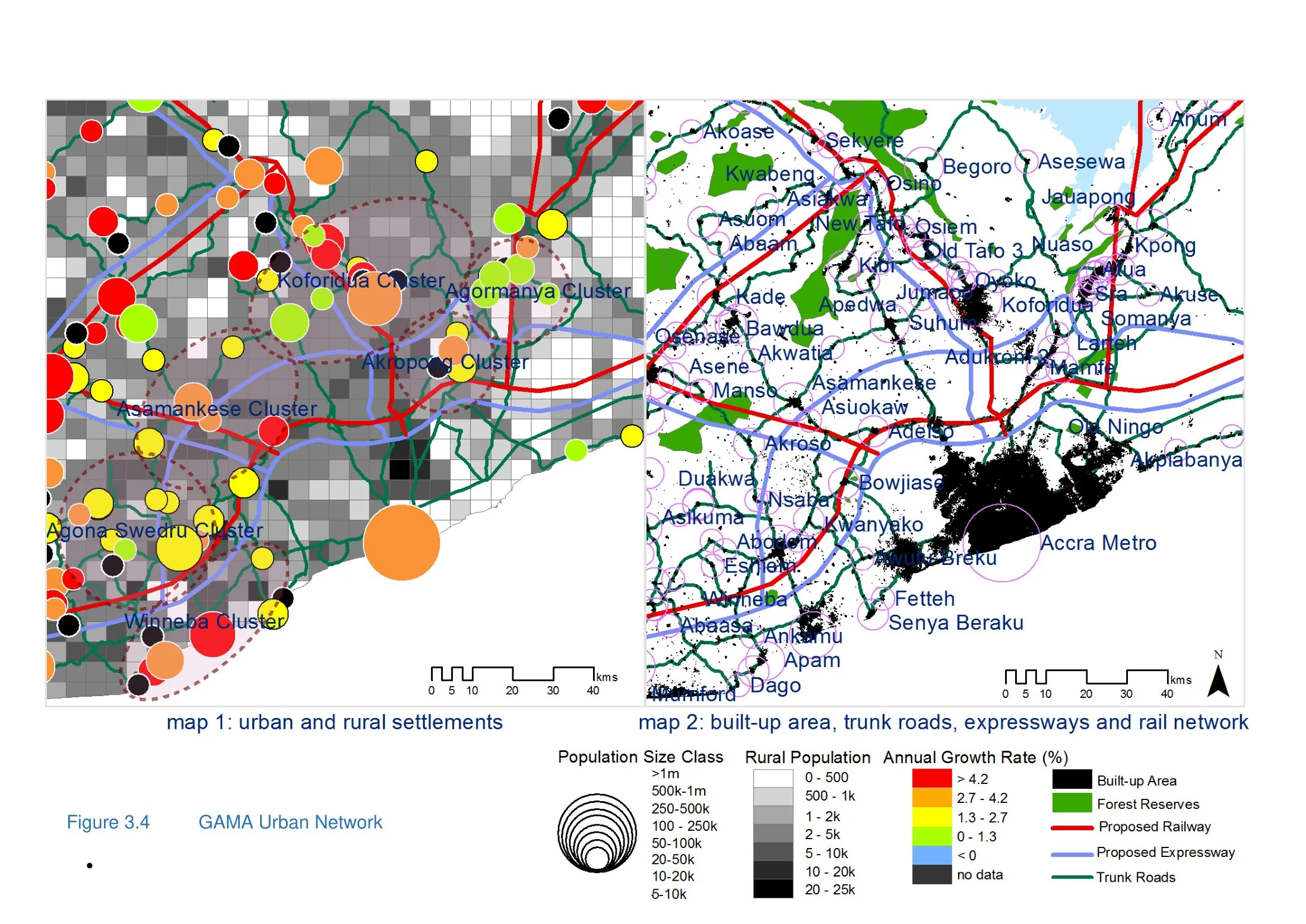 Greater Accra Metropolitan Area urban network from Ghana's spatial development framework: settlement clusters, built-up area and proposed railway and expressway corridors along the coastal belt.