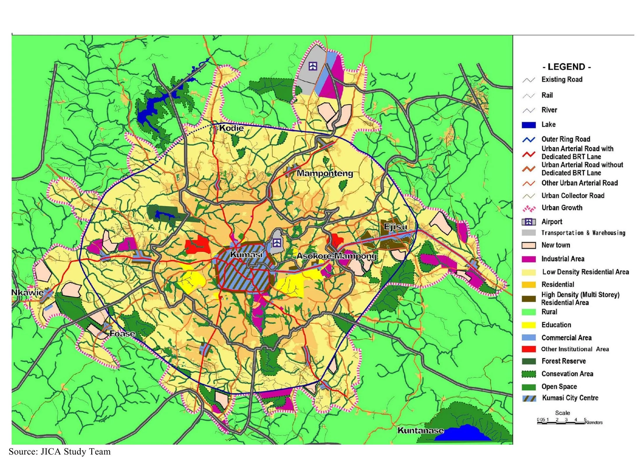 General Land Use Plan for the Greater Kumasi Conurbation from the 2013 Structure Plan, showing the inner and outer ring roads, urban corridors to Ejisu and Mampong, market and industrial areas, forest reserves and conservation green.