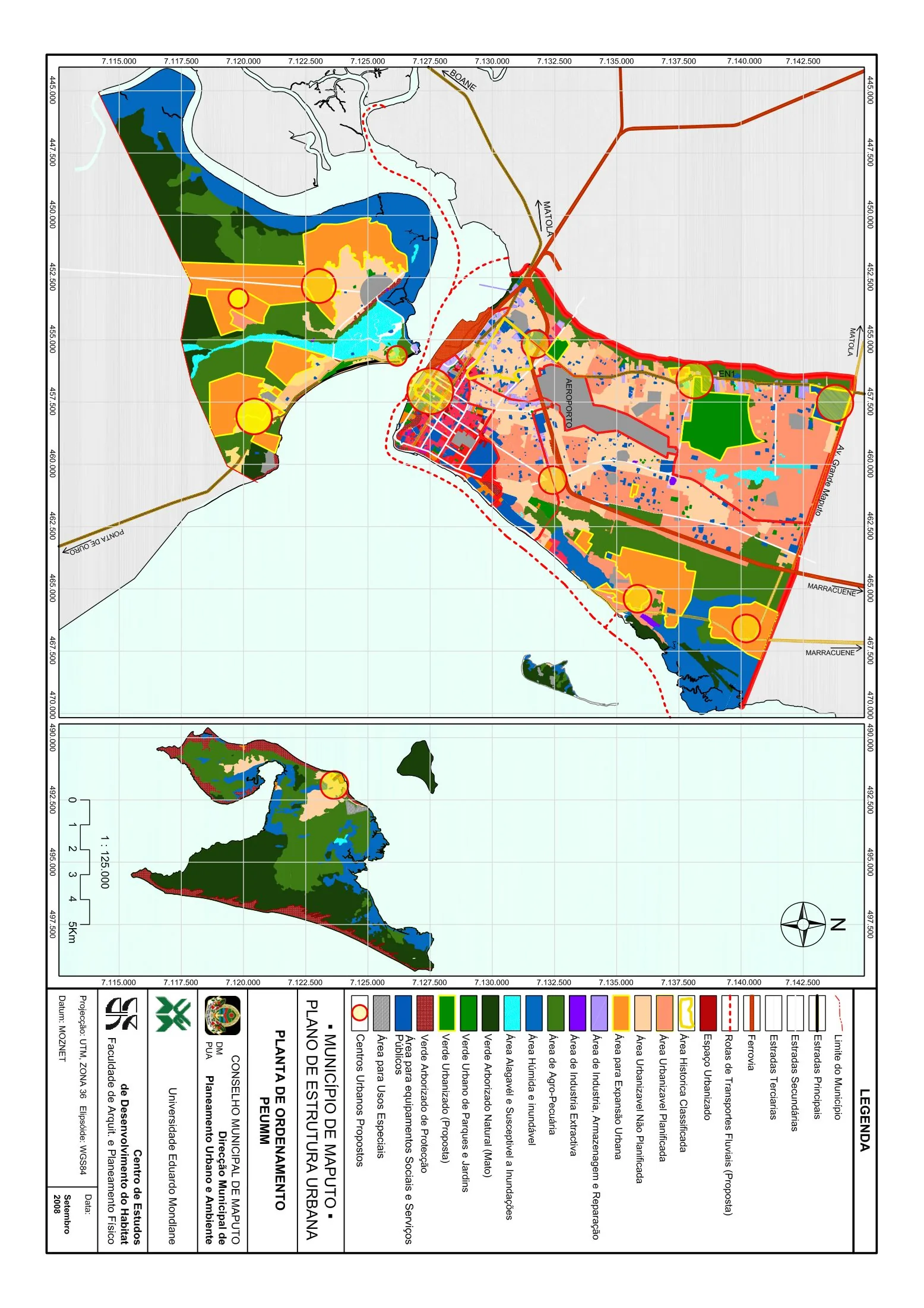 Planta de Ordenamento of the Maputo Urban Structure Plan: urbanised space, planned and unplanned urbanisable areas, coastal and wetland protection, industry and logistics, and the proposed urban centres along the coast and toward Matola and Marracuene.
