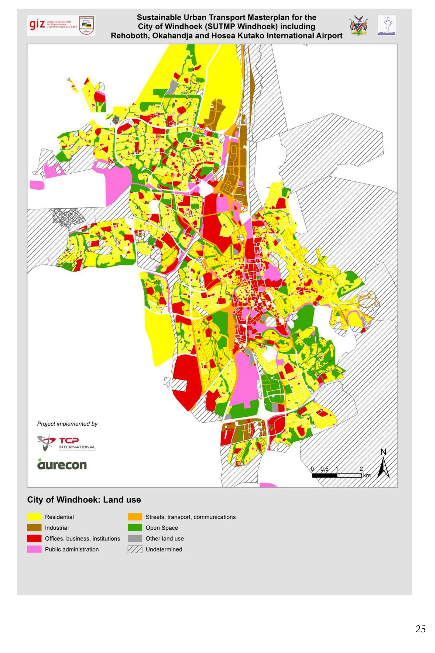 City of Windhoek land use map: residential, industrial, business/institutional, public administration and open-space land across the valley city, the planning base for Windhoek's structure-plan infill and expansion strategy
