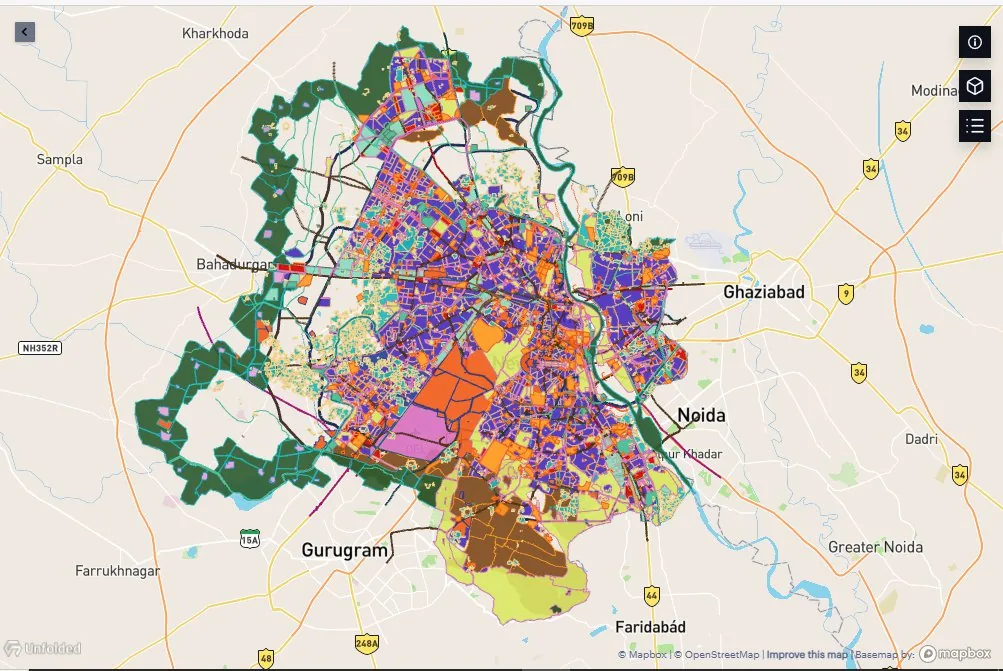 Rendering of the Delhi MPD-2041 draft land-use plan, with colour-coded zones (residential, commercial, green belt, land-pooling areas, etc.) extracted from the official DDA draft land-use PDF. Shows t