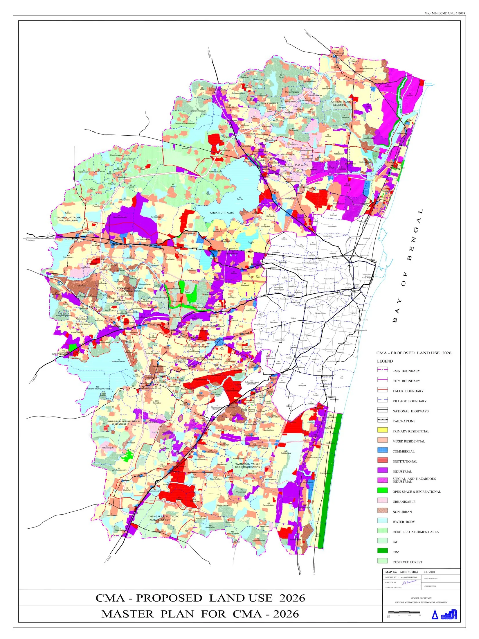 Chennai Second Master Plan 2026: proposed land use for the whole Chennai Metropolitan Area, showing corridor growth along the highways and radial rail lines and the peri-urban industrial and residential nodes