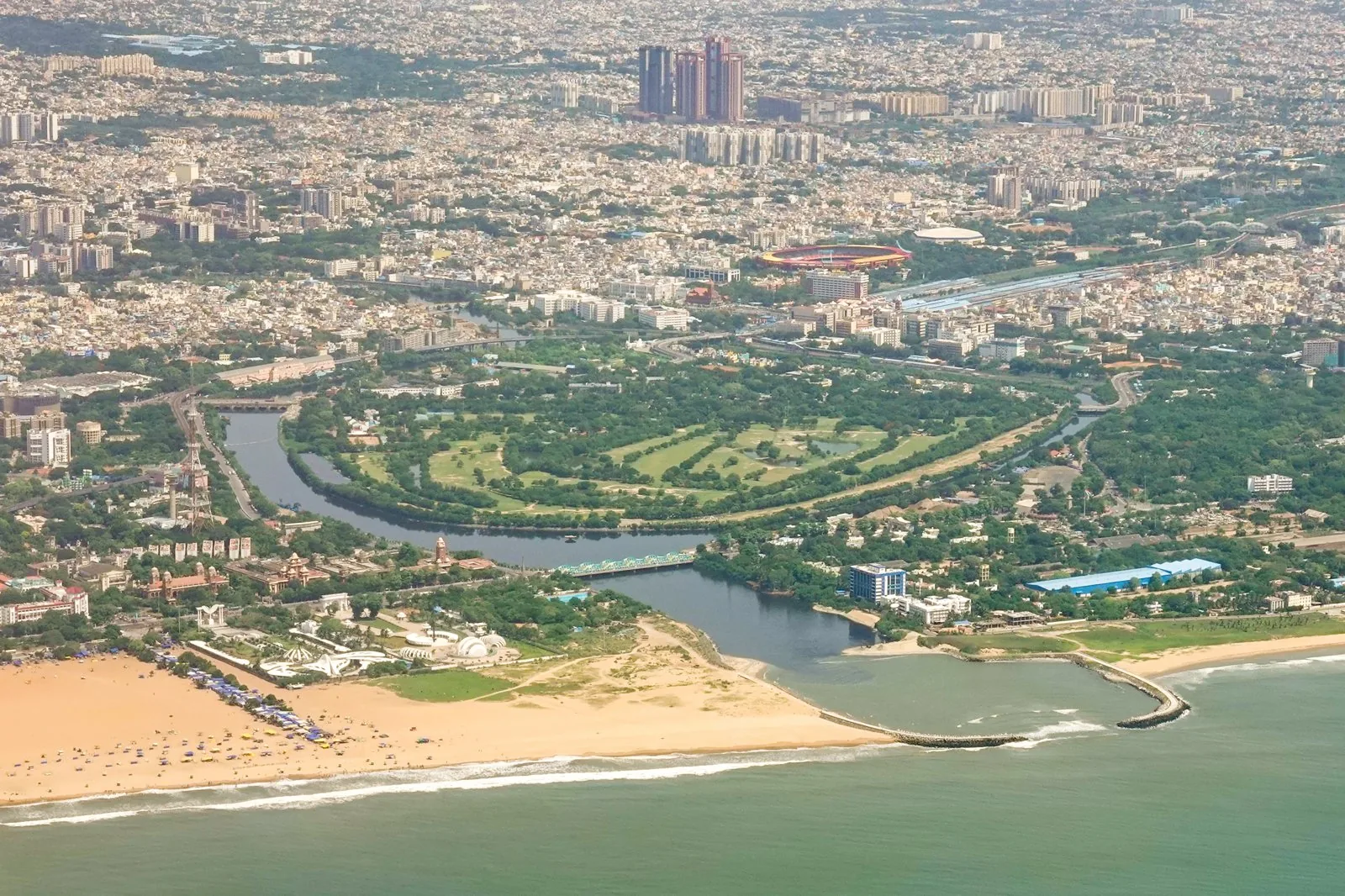 Aerial view over the Island Grounds area of Chennai, Tamil Nadu.