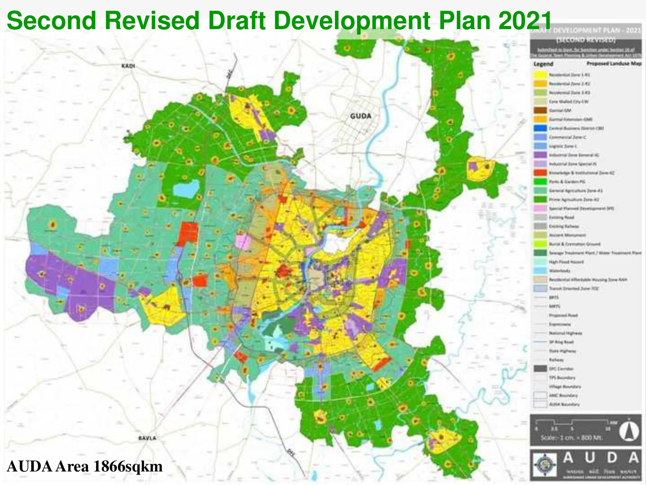 Ahmedabad Development Plan 2021 proposed land-use map for the 1,866 km² AUDA area: residential, agricultural and industrial zones, the ring road, BRTS/MRTS corridors and transit-oriented zone.