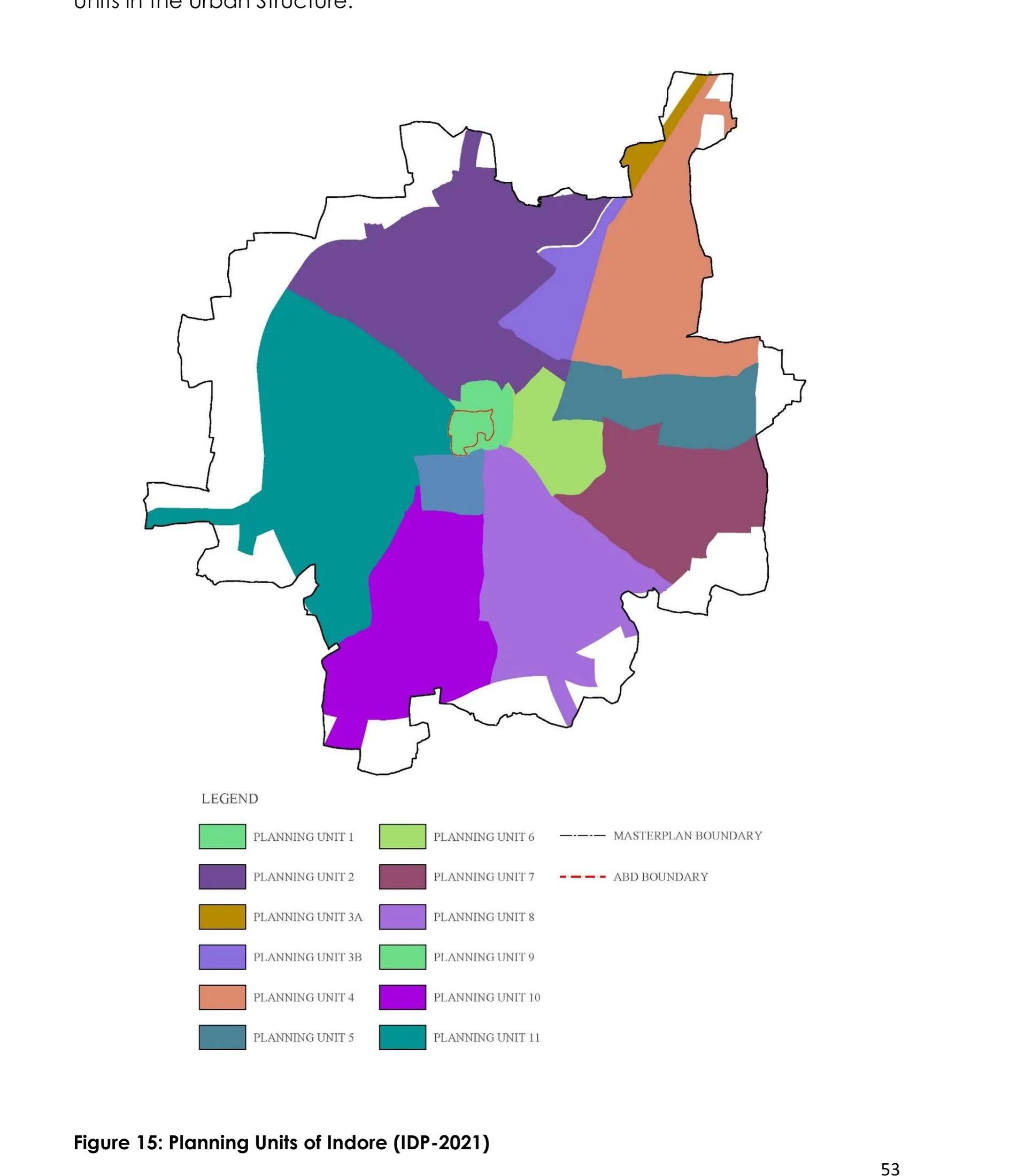 Structure diagram of the Indore Development Plan 2021: the twelve self-contained planning units covering the 50,525 ha planning area