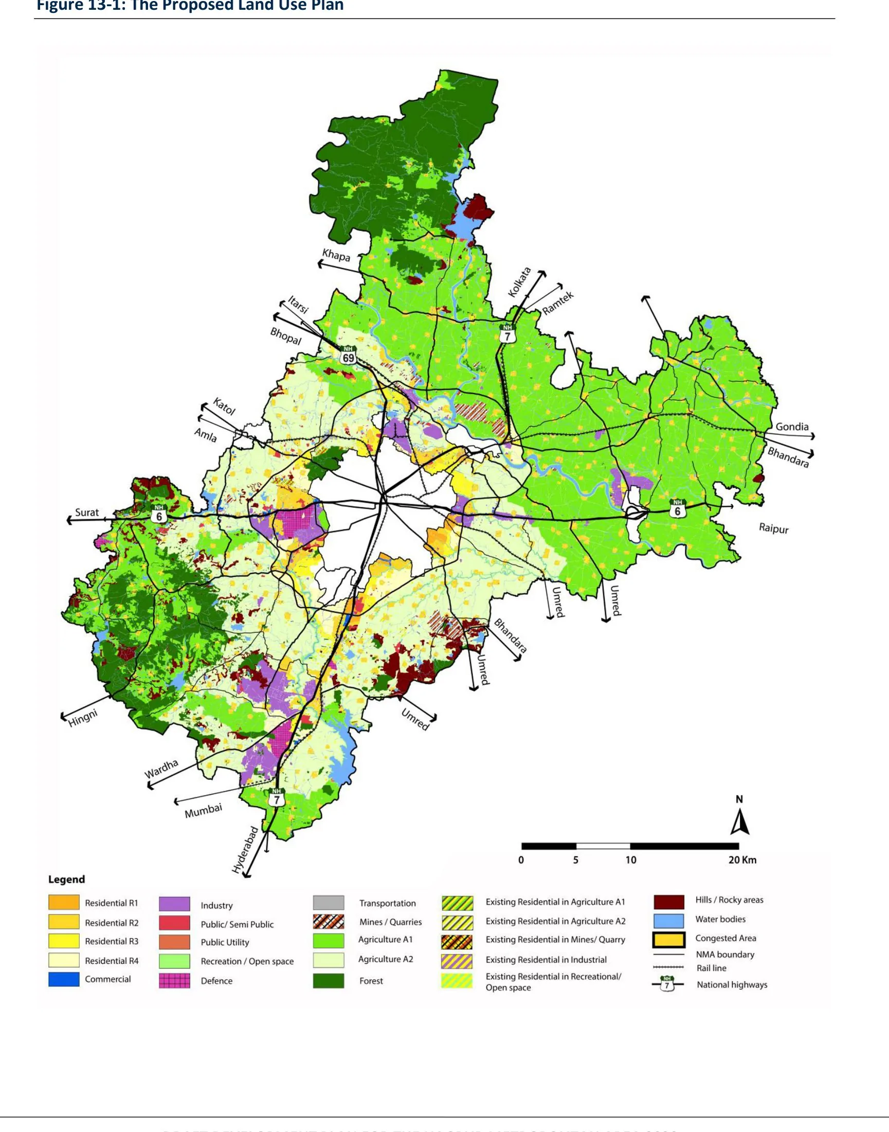 Proposed land use plan for the Nagpur Metropolitan Area 2032: residential zones R1–R4, commercial, industrial, public/semi-public, agriculture and forest zones with the radial highway and rail network