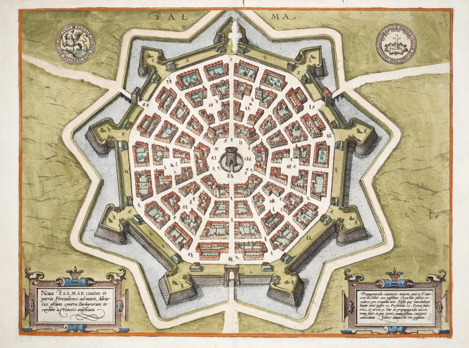 1593 engraved plan of Palmanova showing Vincenzo Scamozzi's ideal radial city: a nine-pointed star fortress with streets radiating from the central hexagonal piazza — the classic Renaissance star-fort