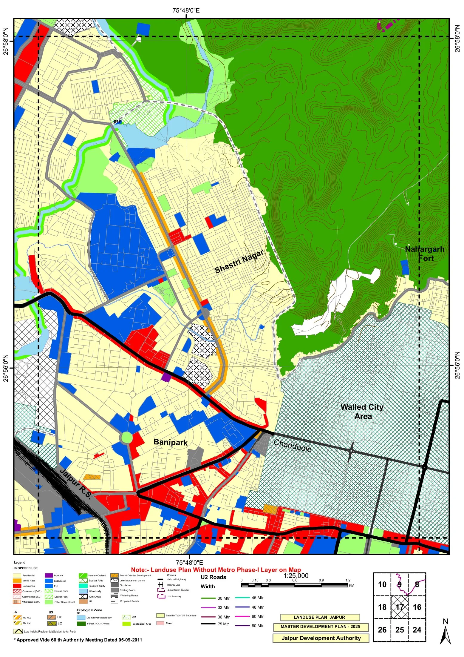 Sheet from the JDA Master Development Plan 2025 proposed land-use map (1:25,000): the walled Pink City area, Jaipur railway station and the Banipark/Shastri Nagar expansion against the Nahargarh ridge.