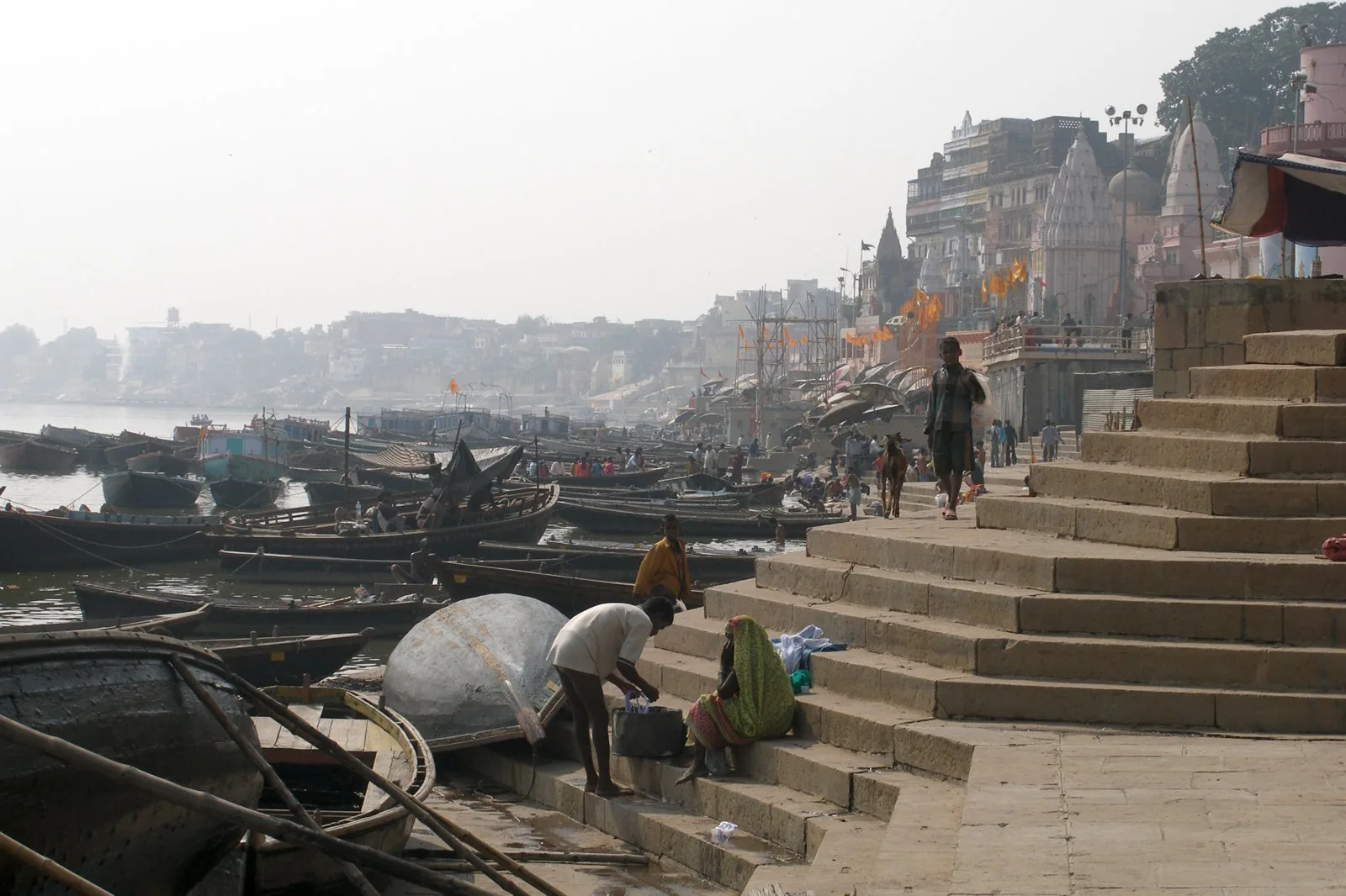 Elevated view of the Varanasi ghats, temples and embankments along the Ganges