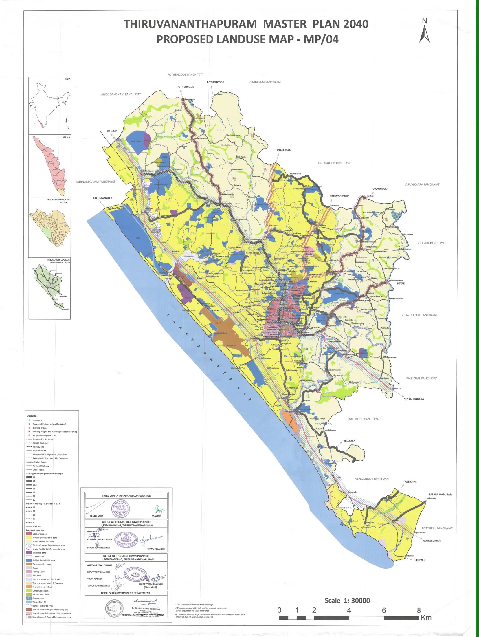 Sanctioned Proposed Land Use Map (sheet MP/04, 1:30,000) for Thiruvananthapuram, showing the core area, priority development zone, transit-oriented development corridors along the proposed LRTS and NH, IT park and tourism zones, and coastal and inland conservation zones.