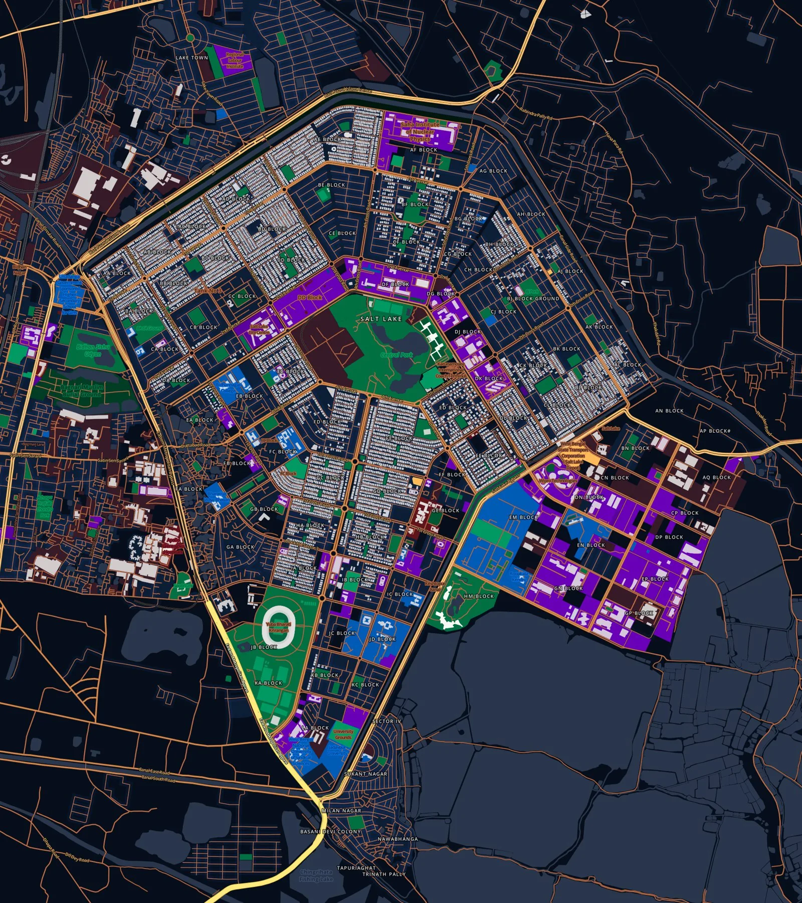 Land-use map of the planned township of Salt Lake / Bidhannagar showing its characteristic sector-and-block grid layout designed by Dobrivoje Toskovic. Best available free image of the actual plan geo