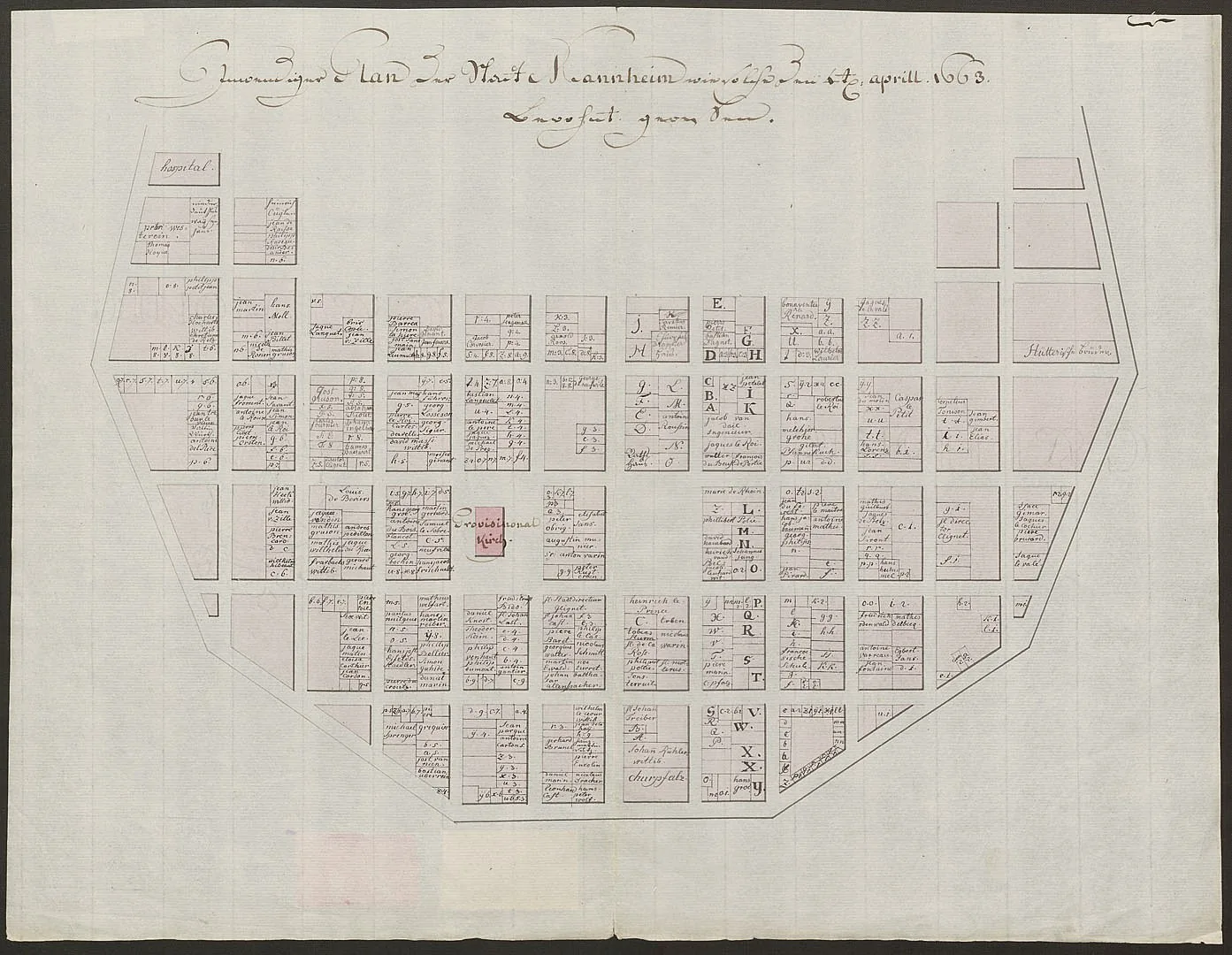 Plan of Mannheim showing its occupation on 4 April 1663, depicting the orthogonal block layout (Quadrate) of the planned grid city founded in 1606 together with the adjoining Friedrichsburg citadel.