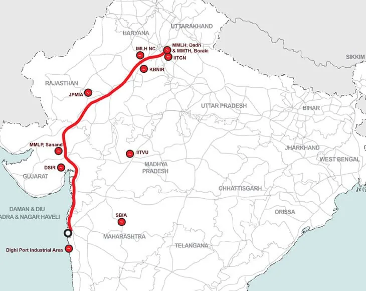 Official map of the Delhi-Mumbai Industrial Corridor (DMIC) regional plan and its influence zone