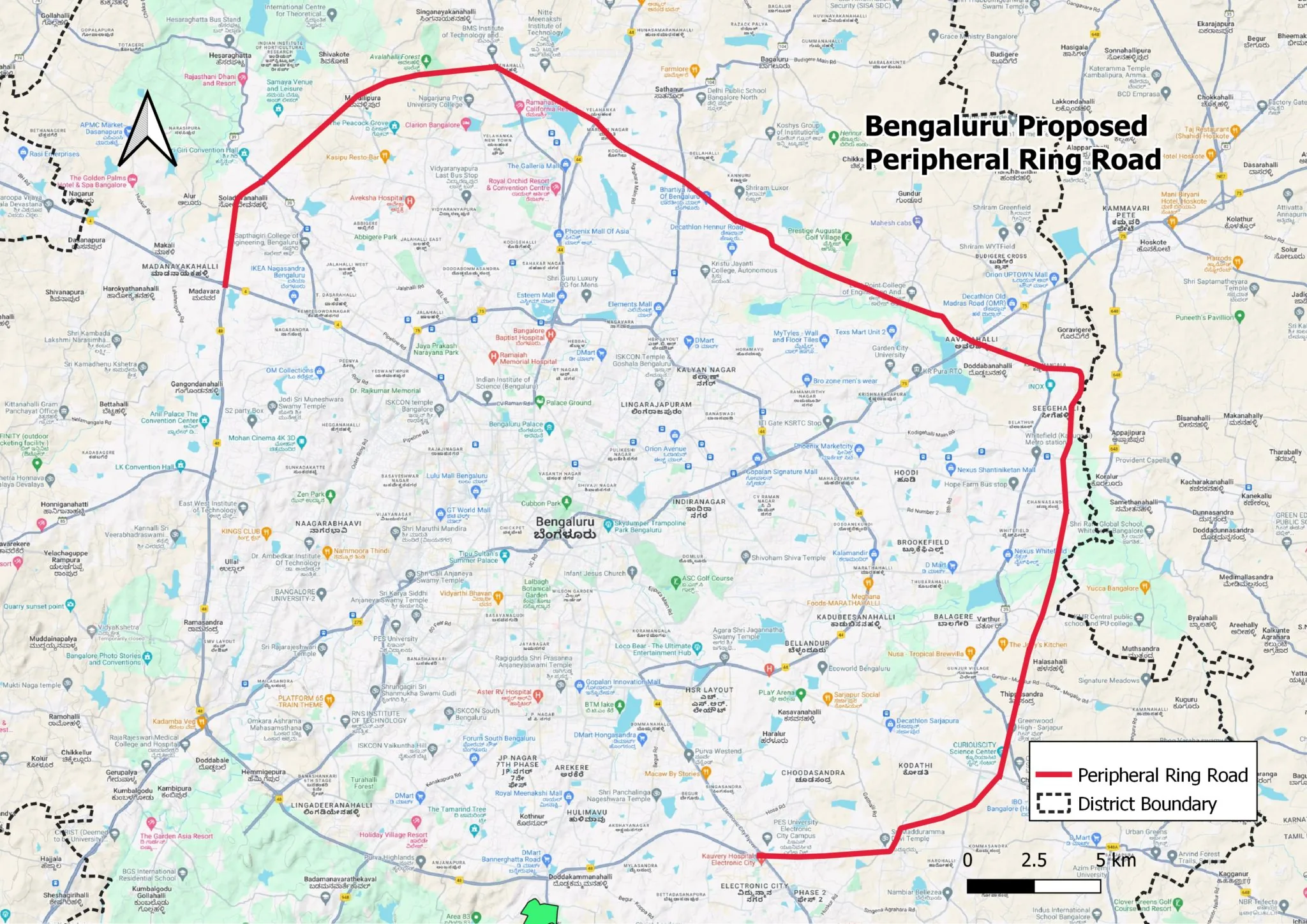 Alignment map of the Bengaluru Peripheral Ring Road, the orbital corridor planned around the city alongside the Satellite Town Ring Road