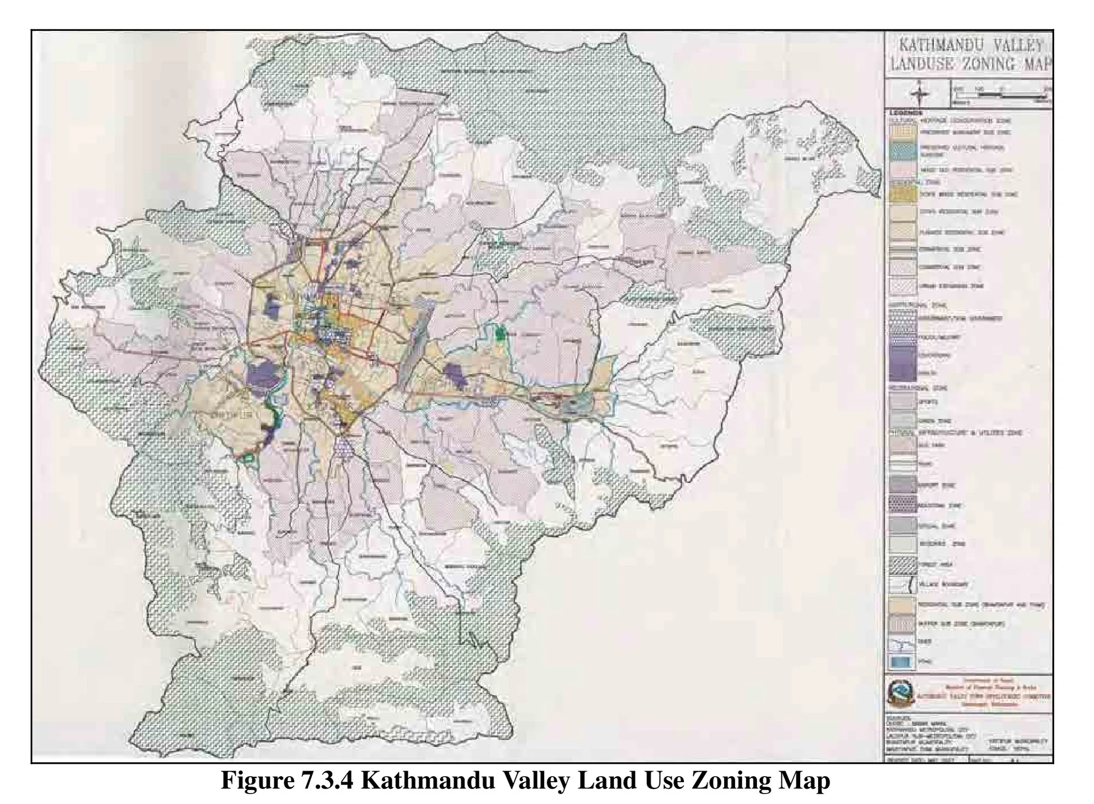 Kathmandu Valley land-use zoning map: heritage and cultural conservation zones, urban and mixed sub-zones, agricultural and forest zones within and beyond the Ring Road.