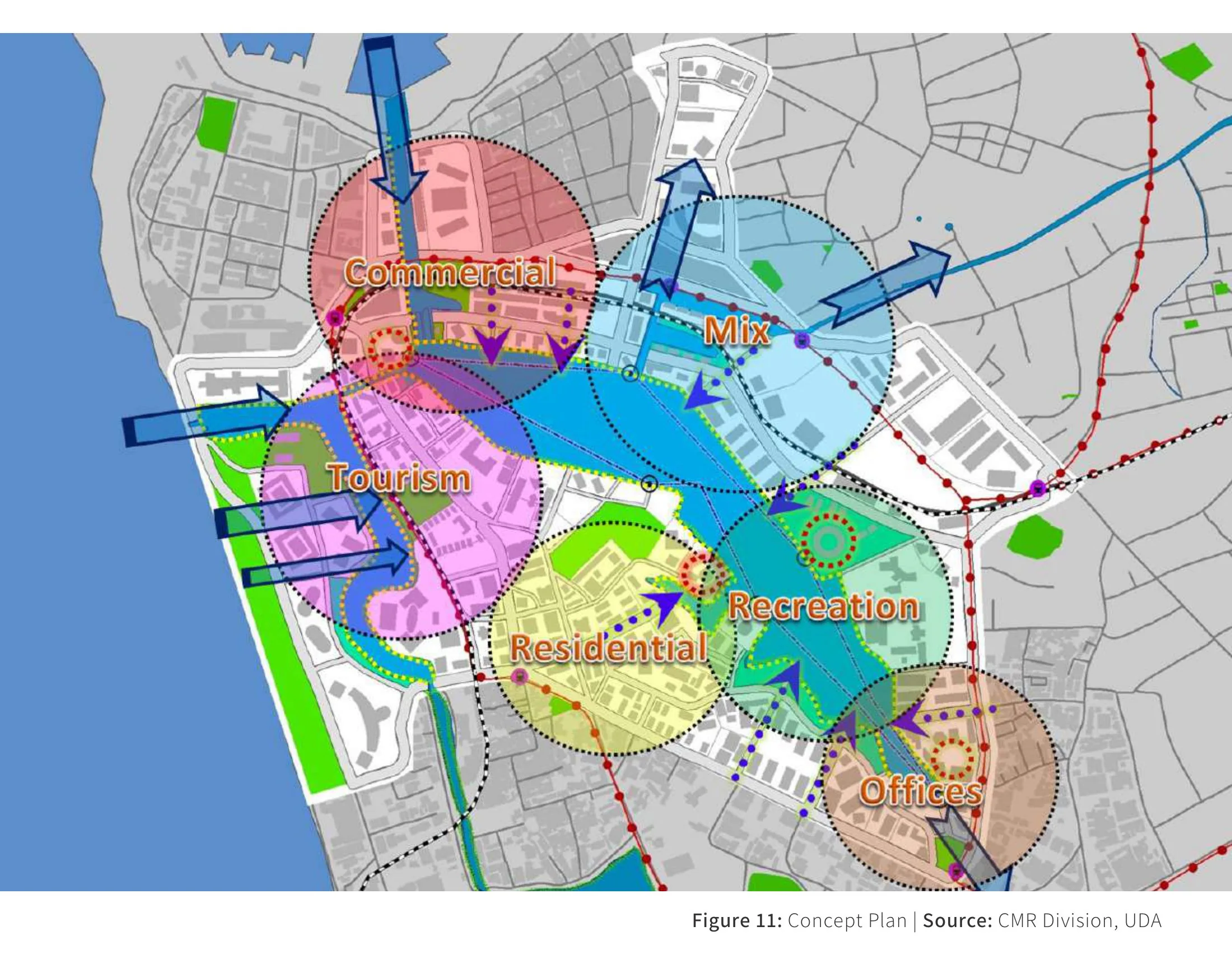 UDA concept plan for the Beira Lake regeneration area in Colombo: commercial, mixed-use, tourism, residential, recreation and office nodes wrapped around the restored lake and canal system next to Fort.