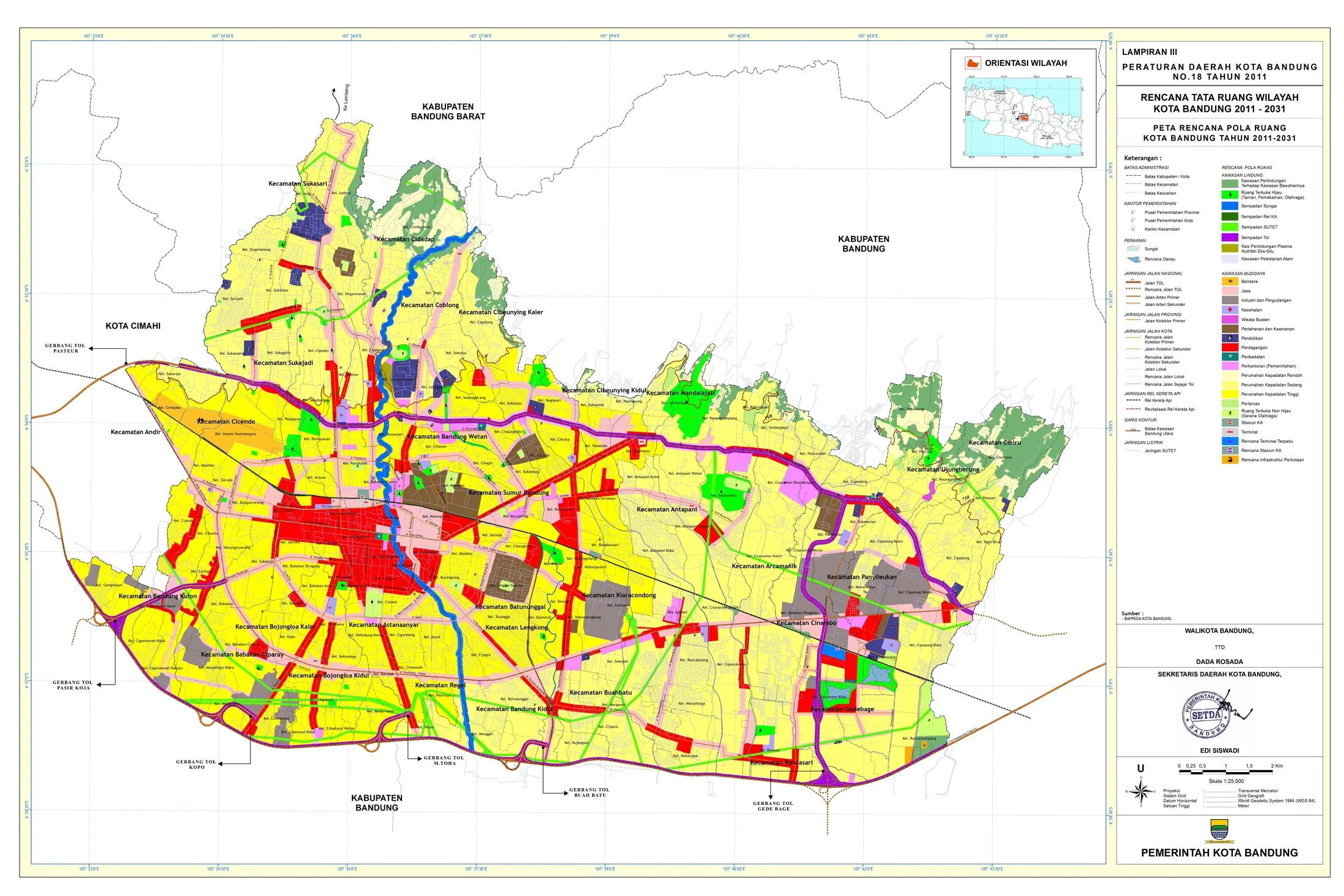 Spatial-pattern plan map (Peta Rencana Pola Ruang) of the Bandung city RTRW 2011–2031, the land-use framework for the Bandung basin metropolitan initiatives