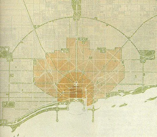 Plan-view diagram of Burnham & Bennett's 1909 Plan of Chicago, showing the proposed system of diagonal arteries, civic centre, parks and lakefront.