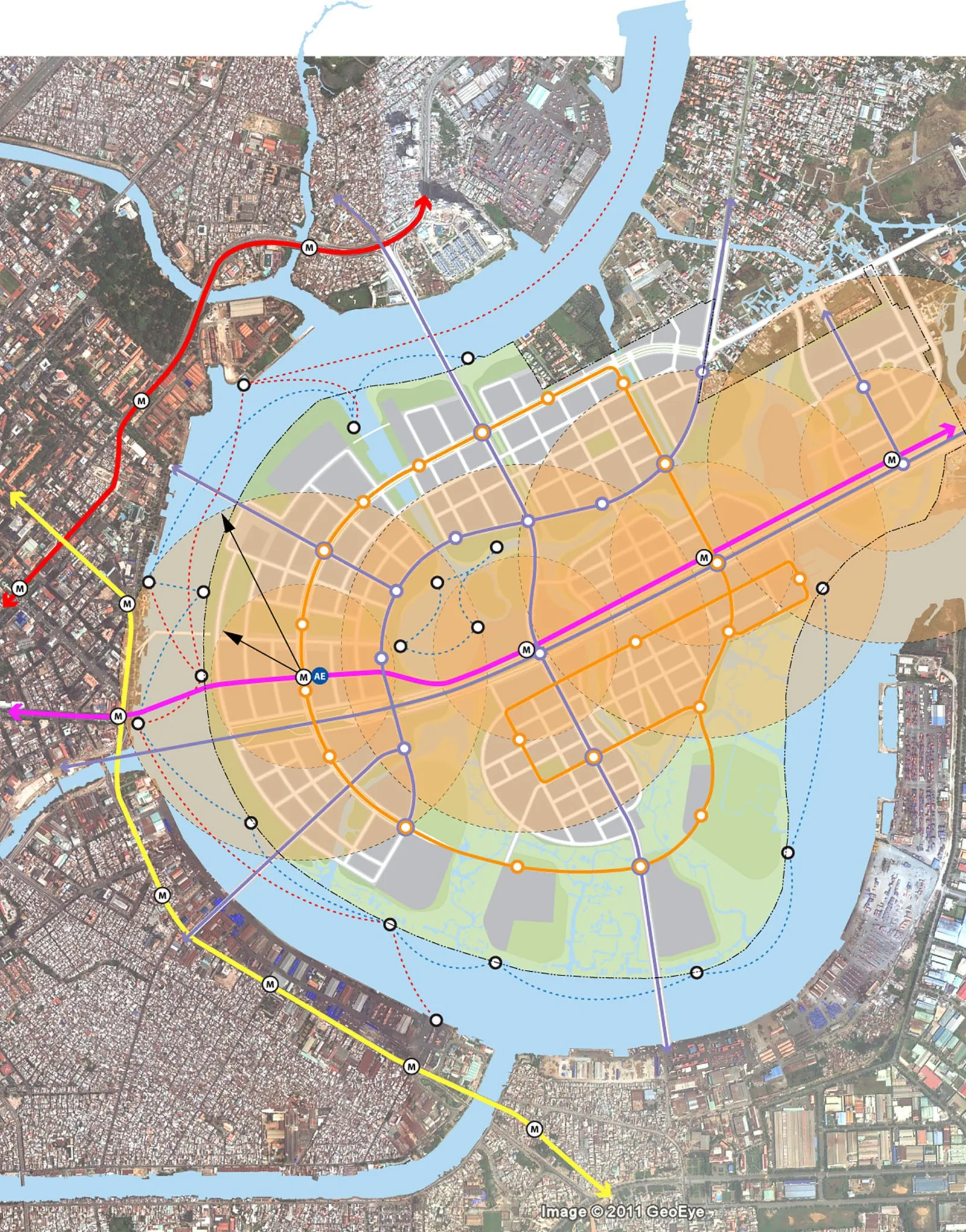 Sasaki's prize-winning master plan for the Thu Thiem New Urban Area across the Saigon River from central Ho Chi Minh City, showing streets, blocks, water network and riverfront. Direct image file from