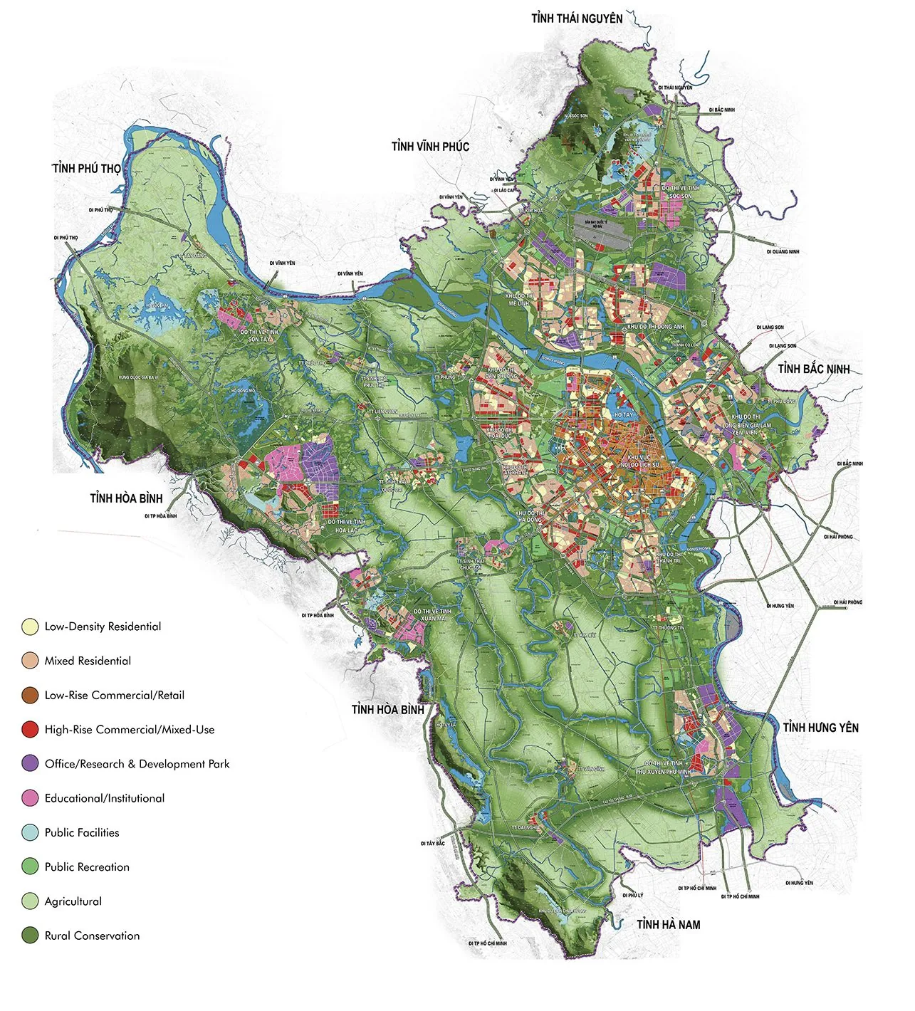Future land-use plan of the Hanoi Capital Construction Master Plan to 2030 / Vision 2050: the core urban area, satellite towns and the wide green corridors separating them across 3,344 km².