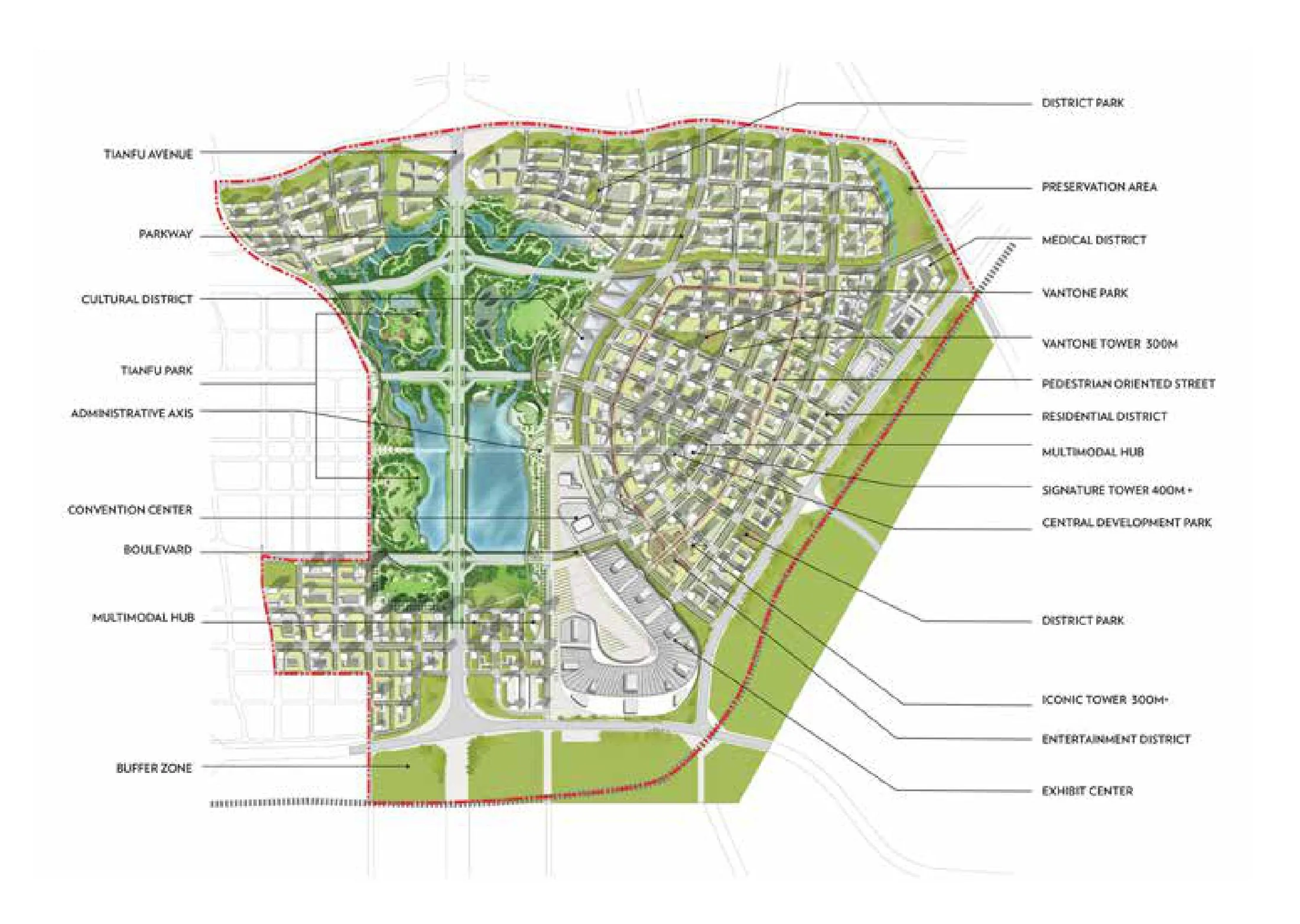Site plan of the Tianfu New District, Chengdu: the administrative axis and central water/green spine, cultural, medical, residential and entertainment districts, multimodal hubs and a preservation buffer.
