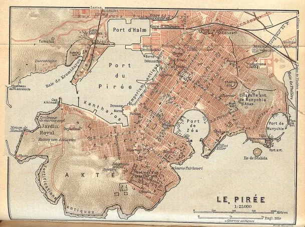 Early-20th-century town plan of Piraeus whose regular orthogonal street grid preserves the Hippodamian layout of the ancient port designed by Hippodamus of Miletus (5th c. BCE). Best available free fi