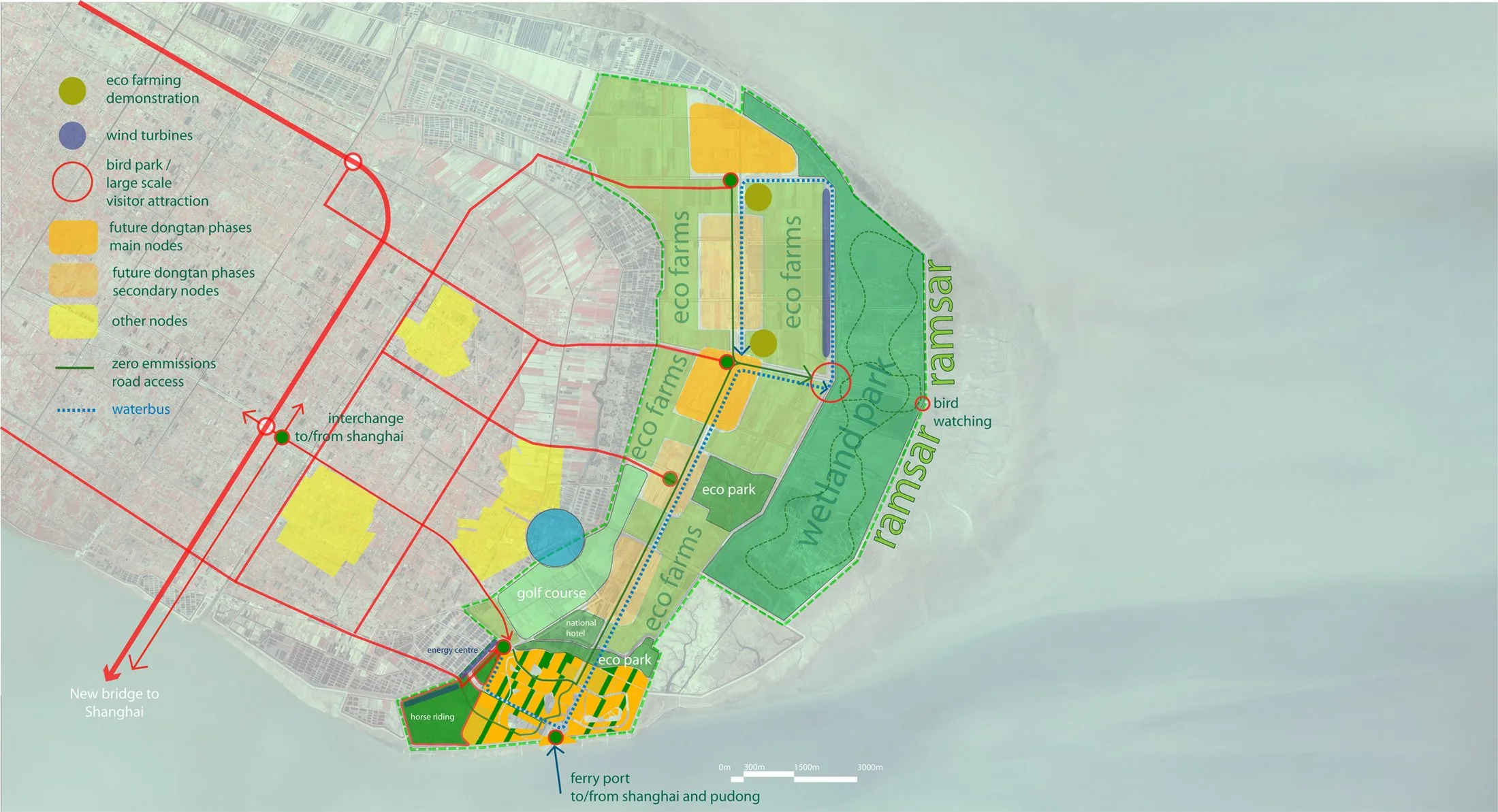 Map showing the long-term vision of the Dongtan Eco-city masterplan on Chongming Island (Arup).