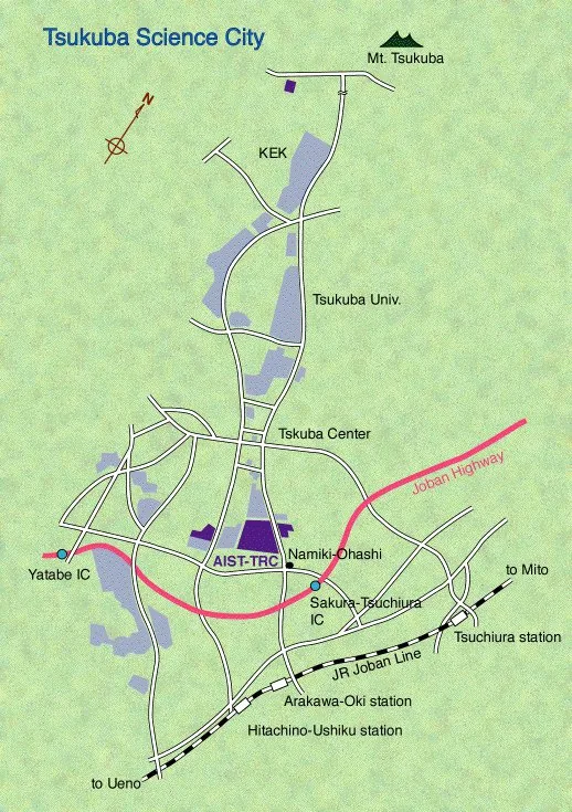 Labelled layout map of Tsukuba Science City showing the linear research/education district (KEK, Tsukuba University, Tsukuba Center, AIST-TRC) along the central spine.