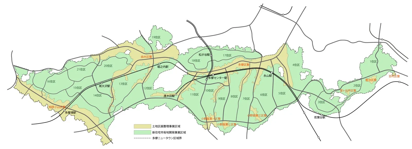 Official-style plan diagram of Tama New Town showing the land-readjustment and residential development districts across the 14 km east-west site. Public-domain (CC0) scheme of the planned layout.