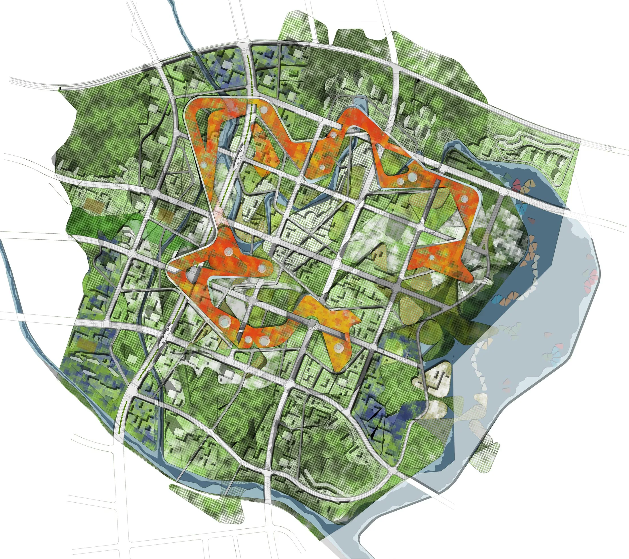 Master plan site plan for Sejong, the Multifunctional Administrative City, by Balmori Associates with H Architecture and Haeahn Architecture: the flat, looping government complex (orange) around an empty green centre, with the ring of neighbourhood units and the Geum river edge.