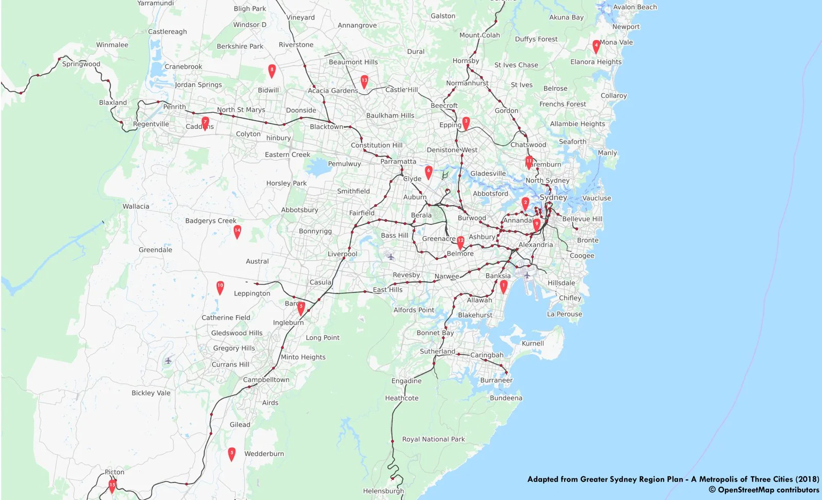 Map of the growth areas and urban renewal corridors defined in the 2018 Greater Sydney Region Plan ('A Metropolis of Three Cities'), depicting the plan's spatial structure across the metropolitan area