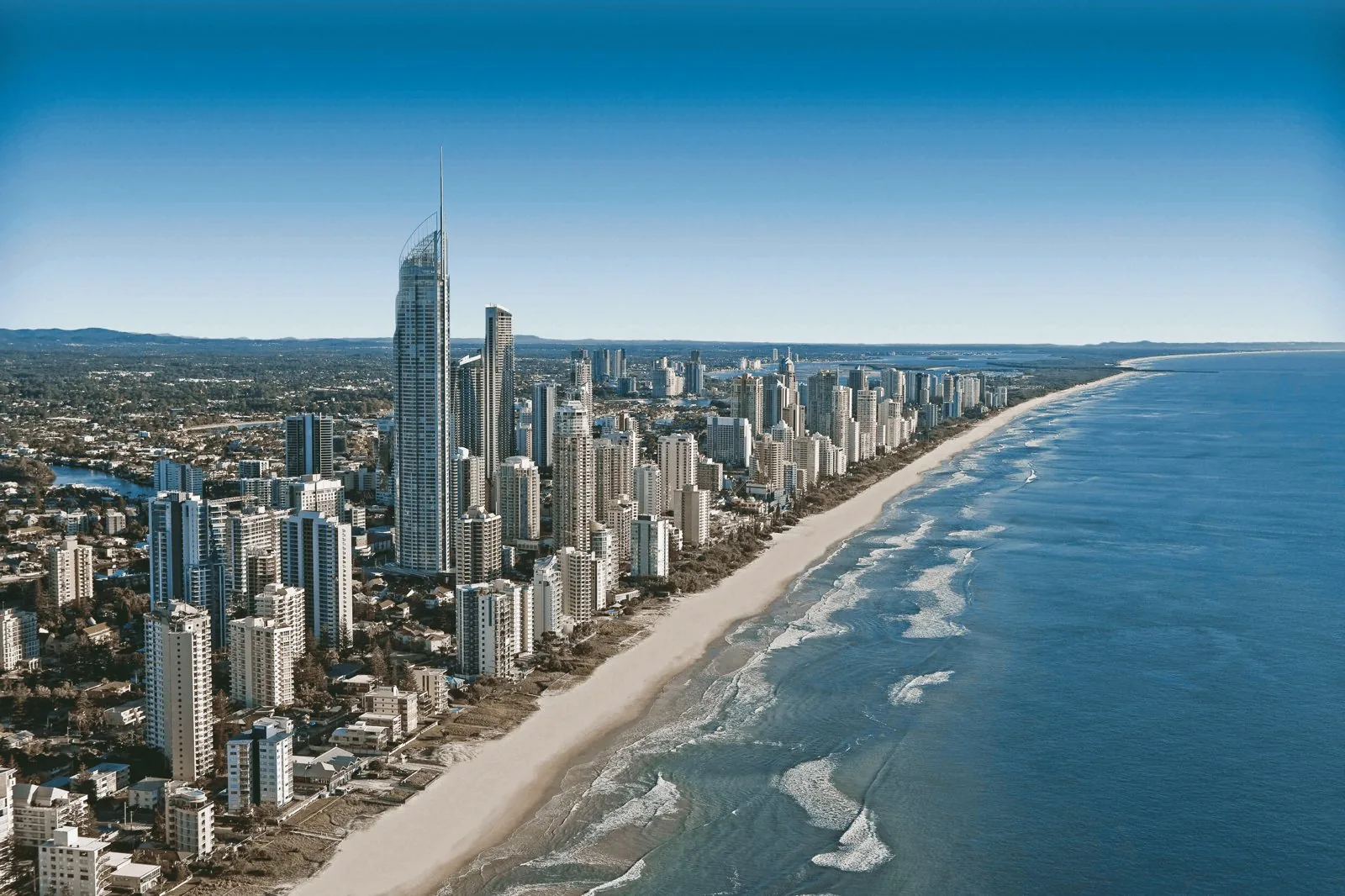 Aerial view of the Gold Coast skyline and coastline.
