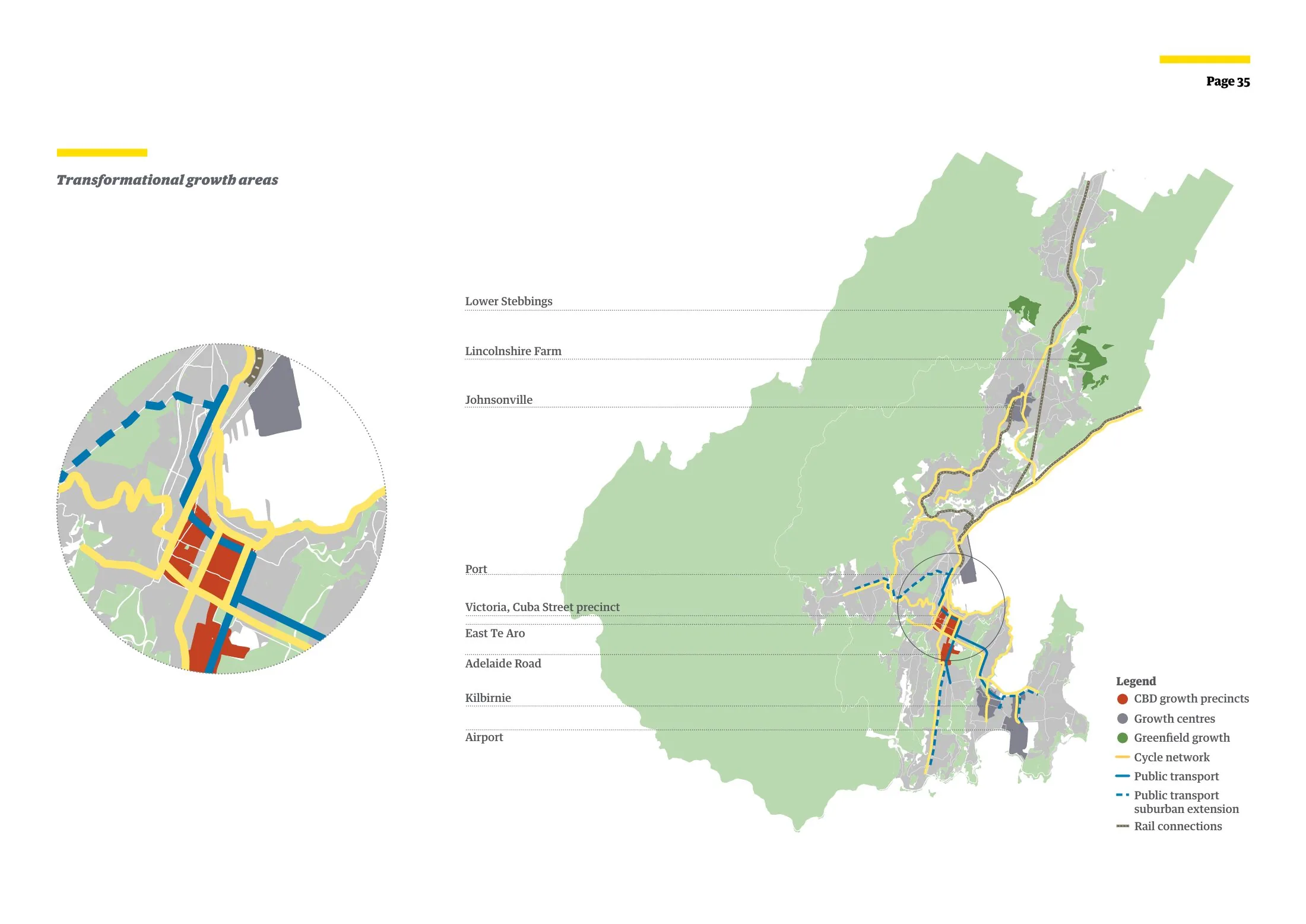 Wellington Urban Growth Plan: transformational growth areas — CBD growth precincts, suburban growth centres, greenfield growth and the public transport/cycle spine.