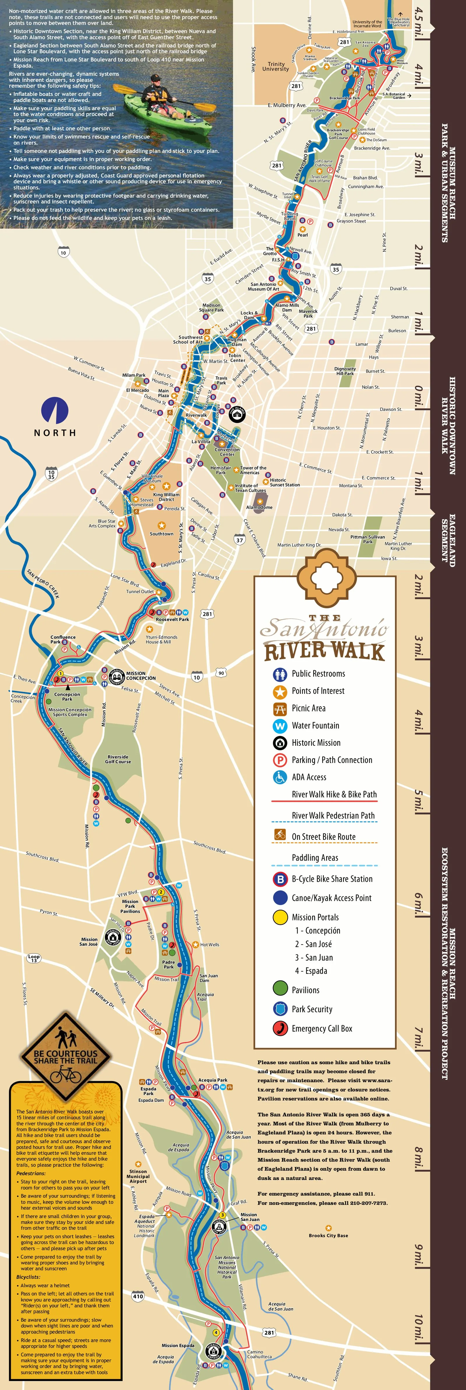 National Park Service map of the San Antonio River Walk (Paseo del Rio), showing the full course of the multi-use riverside path through downtown San Antonio and toward the missions. U.S. federal gove