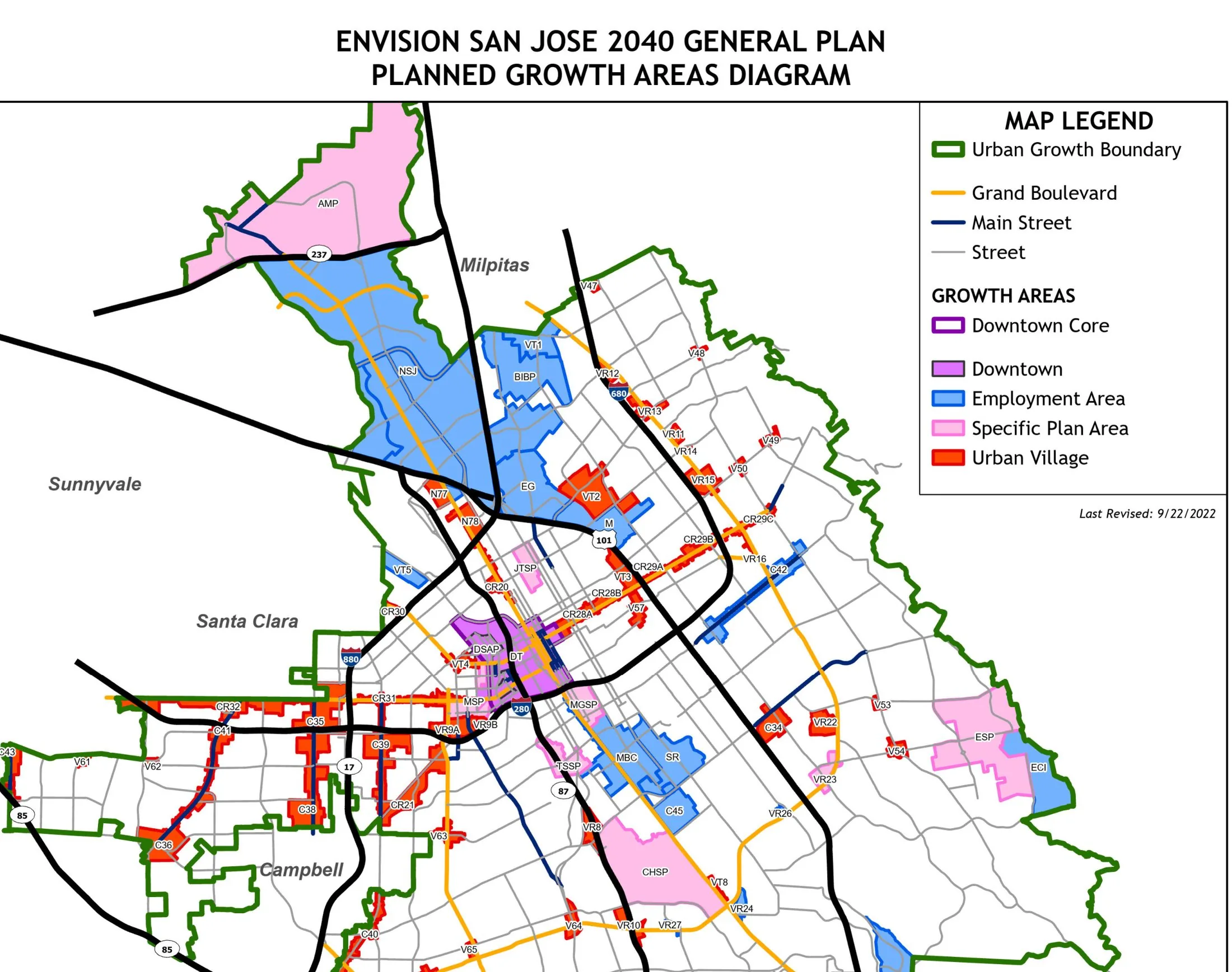 Envision San José 2040 Planned Growth Areas Diagram: the Downtown core, employment areas, specific plan areas and the roughly 70 Urban Villages inside the urban growth boundary