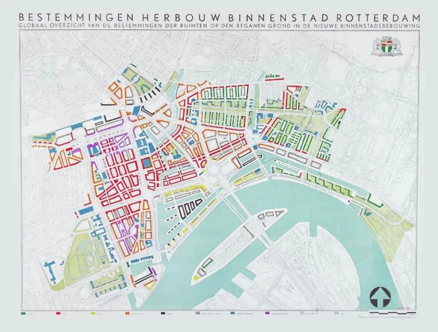 1946 Basisplan land-use map of Rotterdam's inner city: colour-coded plots, new street layout, harbours and the Maas.