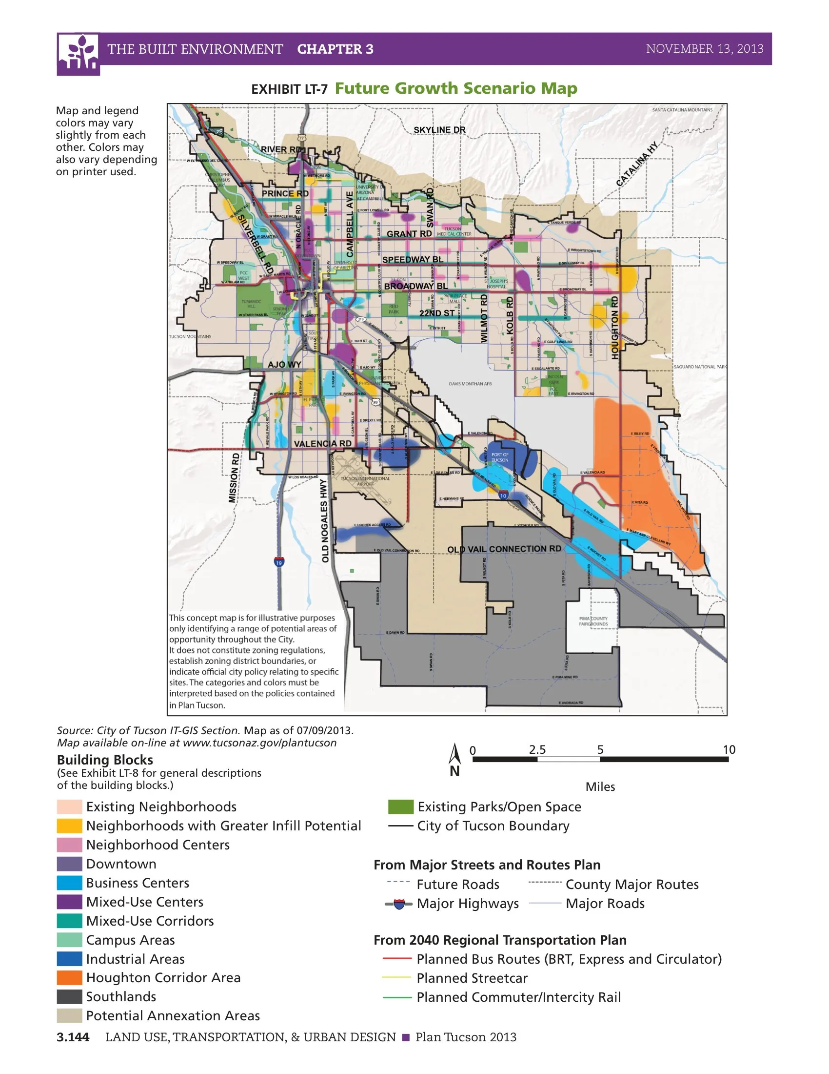Exhibit LT-7, the Future Growth Scenario Map of Plan Tucson (2013): existing neighbourhoods, infill neighbourhoods, neighbourhood/business/mixed-use centres, mixed-use corridors, downtown and the Houghton corridor, overlaid with planned BRT, streetcar and commuter rail.