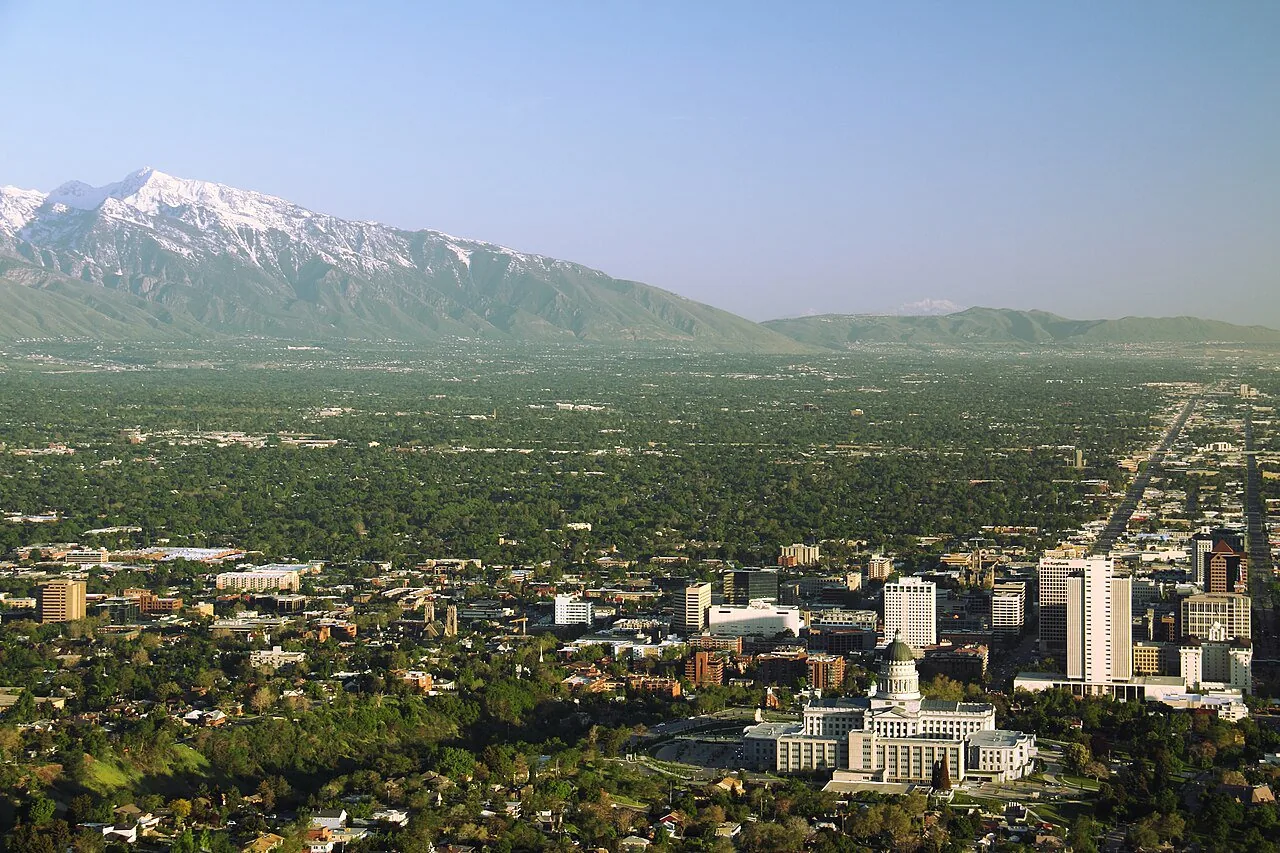 Aerial view of Salt Lake City with downtown and the Wasatch Front.