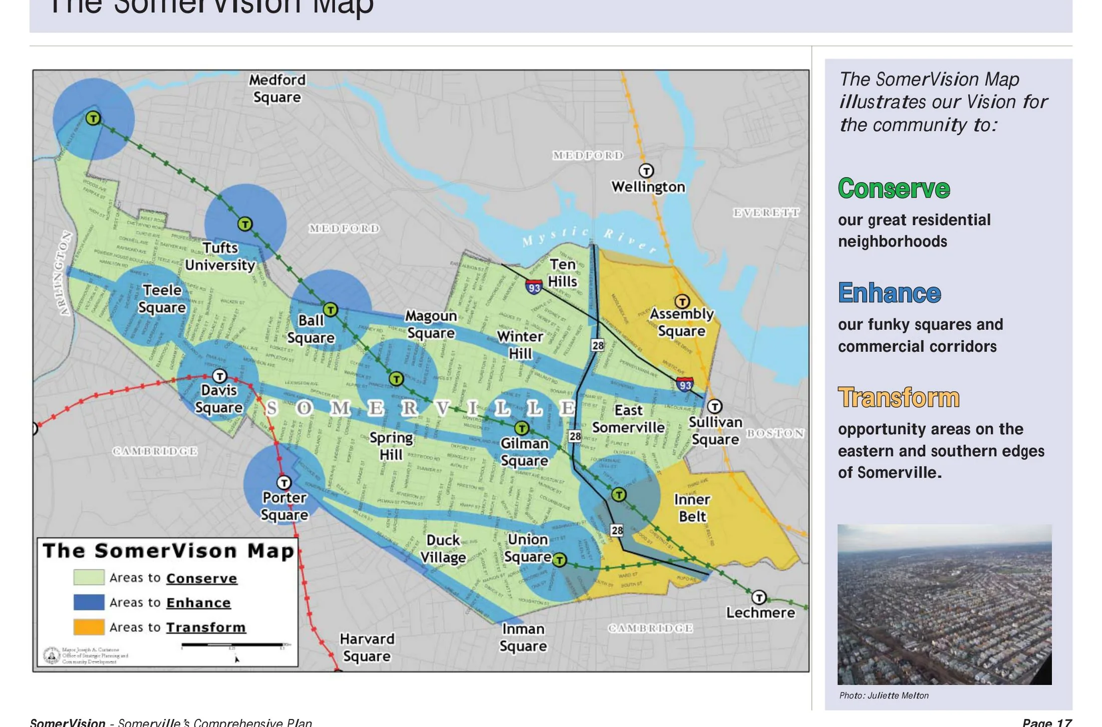 The SomerVision Map: areas to conserve (residential neighborhoods), enhance (squares and commercial corridors) and transform (Assembly Square, Inner Belt, Union Square) along the Green Line Extension corridor