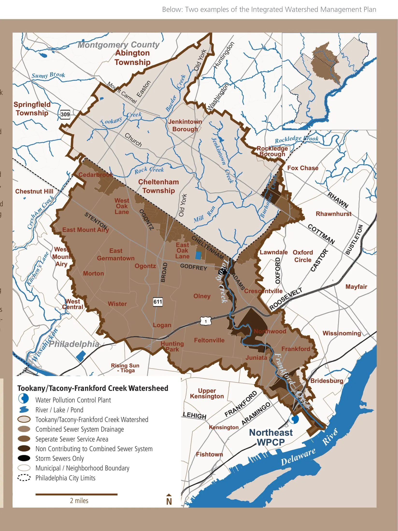 Integrated Watershed Management Plan map for the Tookany/Tacony-Frankford Creek watershed, showing combined-sewer service area, separate sewer areas and drainage — from Green City, Clean Waters