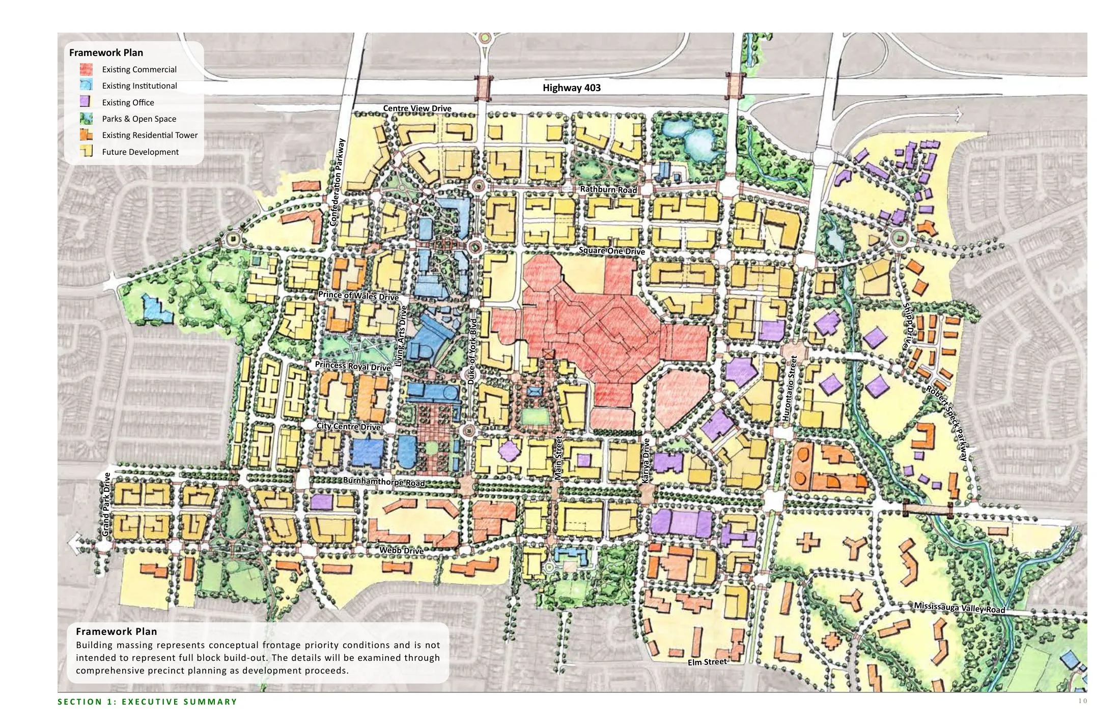 Framework Plan of the Downtown21 Master Plan, Mississauga (2010): new fine-grained street grid, blocks of future development, parks and open space over the existing Square One superblock.
