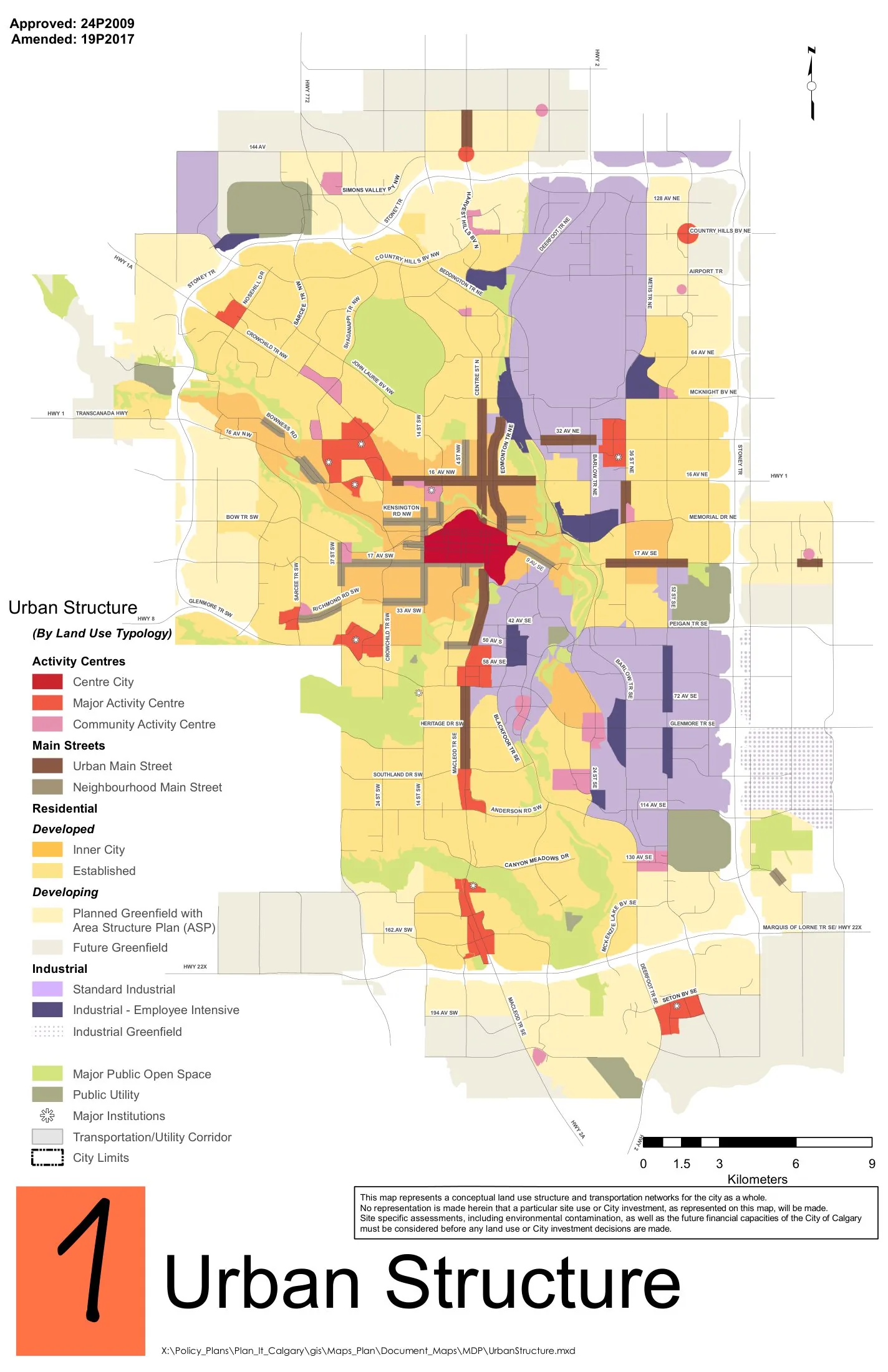 Calgary Municipal Development Plan Map 1: the conceptual urban structure of activity centres, urban main streets, developed and developing residential areas and industrial land