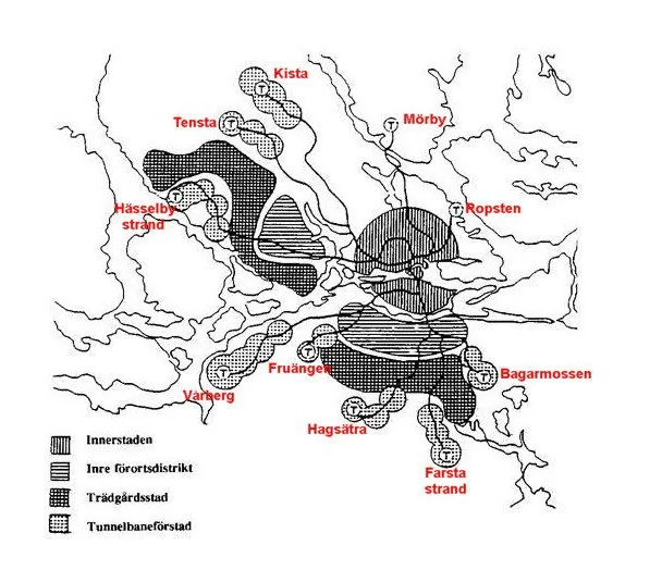 Generalplan för Stockholm 1952 — the official 1952 general-plan map produced by the City of Stockholm's planning department under Sven Markelius, showing the planned decentralised structure of housing