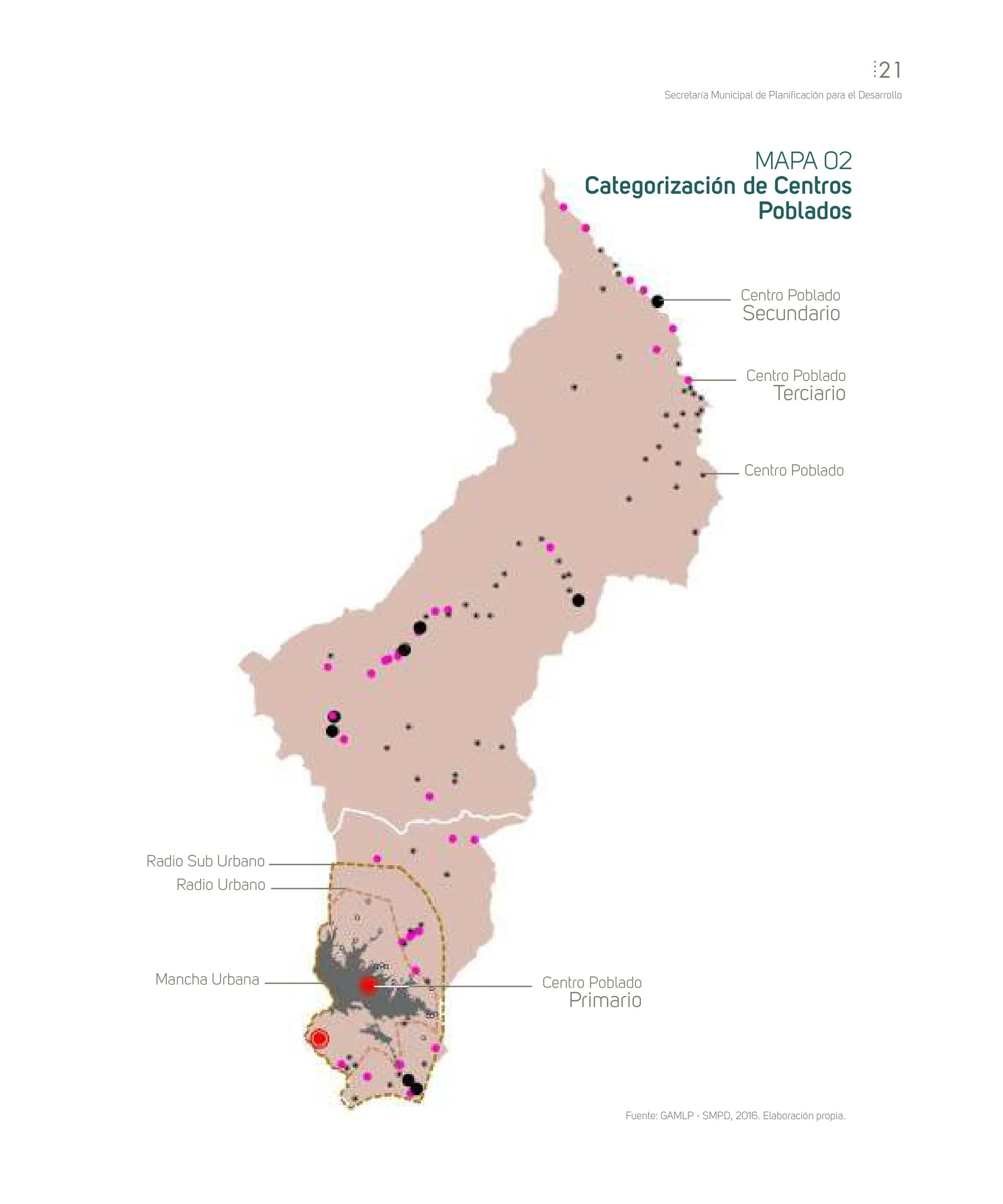 La Paz territorial plan, Mapa 02: hierarchy of population centres across the municipality with the urban radius, sub-urban radius and the built-up 'mancha urbana'.