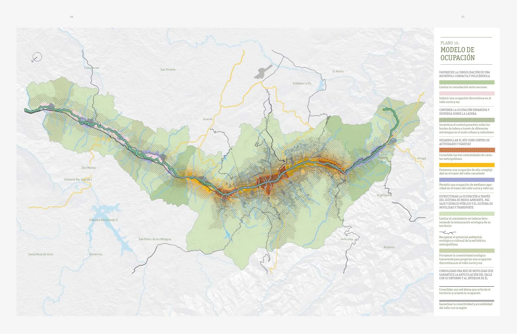 Plano 10 'Modelo de ocupación' from BIO 2030: the river corridor as the metropolitan centre of activity, three centralities, and proactive containment of hillside growth in the Valle de Aburrá.
