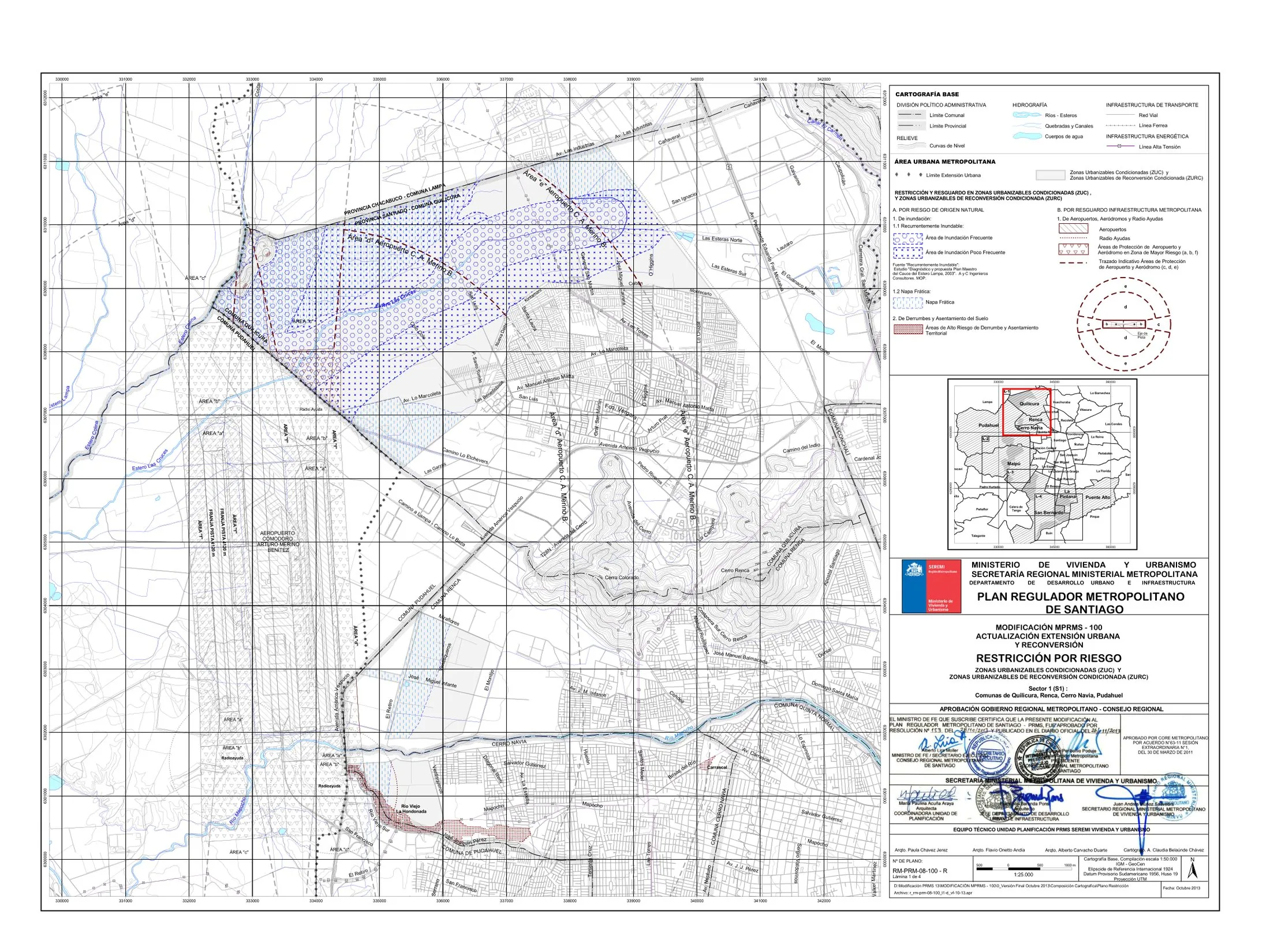 Official MPRMS-100 sheet (Lámina 1 of 4, October 2013) for Sector 1 - Quilicura, Renca, Cerro Navia and Pudahuel - showing the metropolitan urban extension limit and the new conditioned urbanisable zones (ZUC) and conditioned reconversion zones (ZURC) with their flood, water-table and airport risk restrictions.