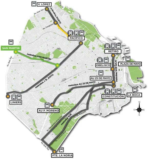 Map of the Metrobus BRT corridors of the City of Buenos Aires (2016), part of the MobiPlan sustainable-mobility network.