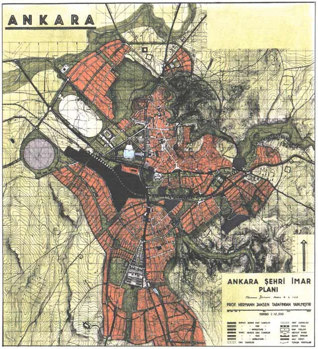 Jansen's 1932 master plan for Ankara: zoned layout of the new Turkish capital around Atatürk Boulevard.