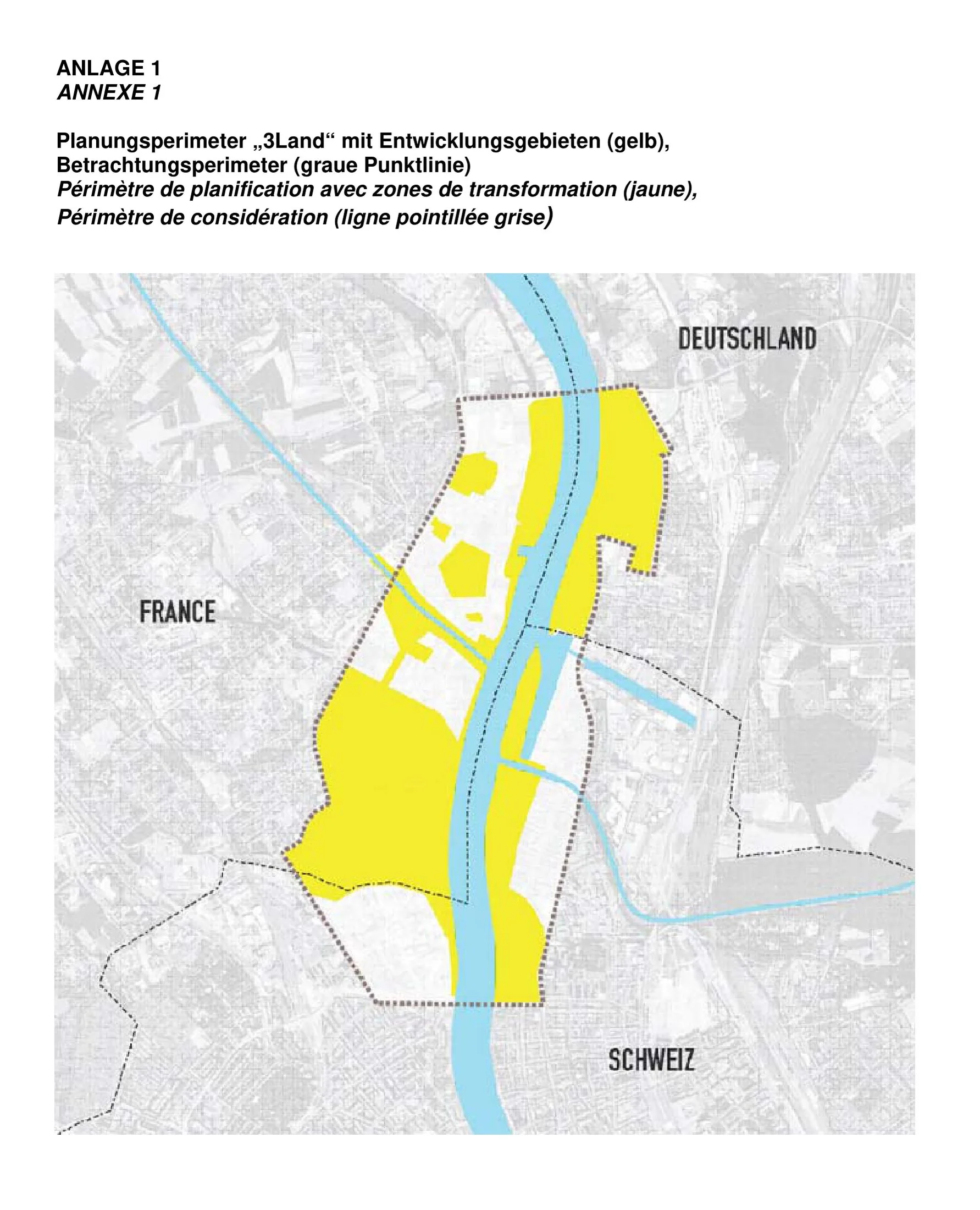 3Land planning perimeter with the tri-national transformation areas (yellow) astride the Rhine where Switzerland, France and Germany meet at Basel